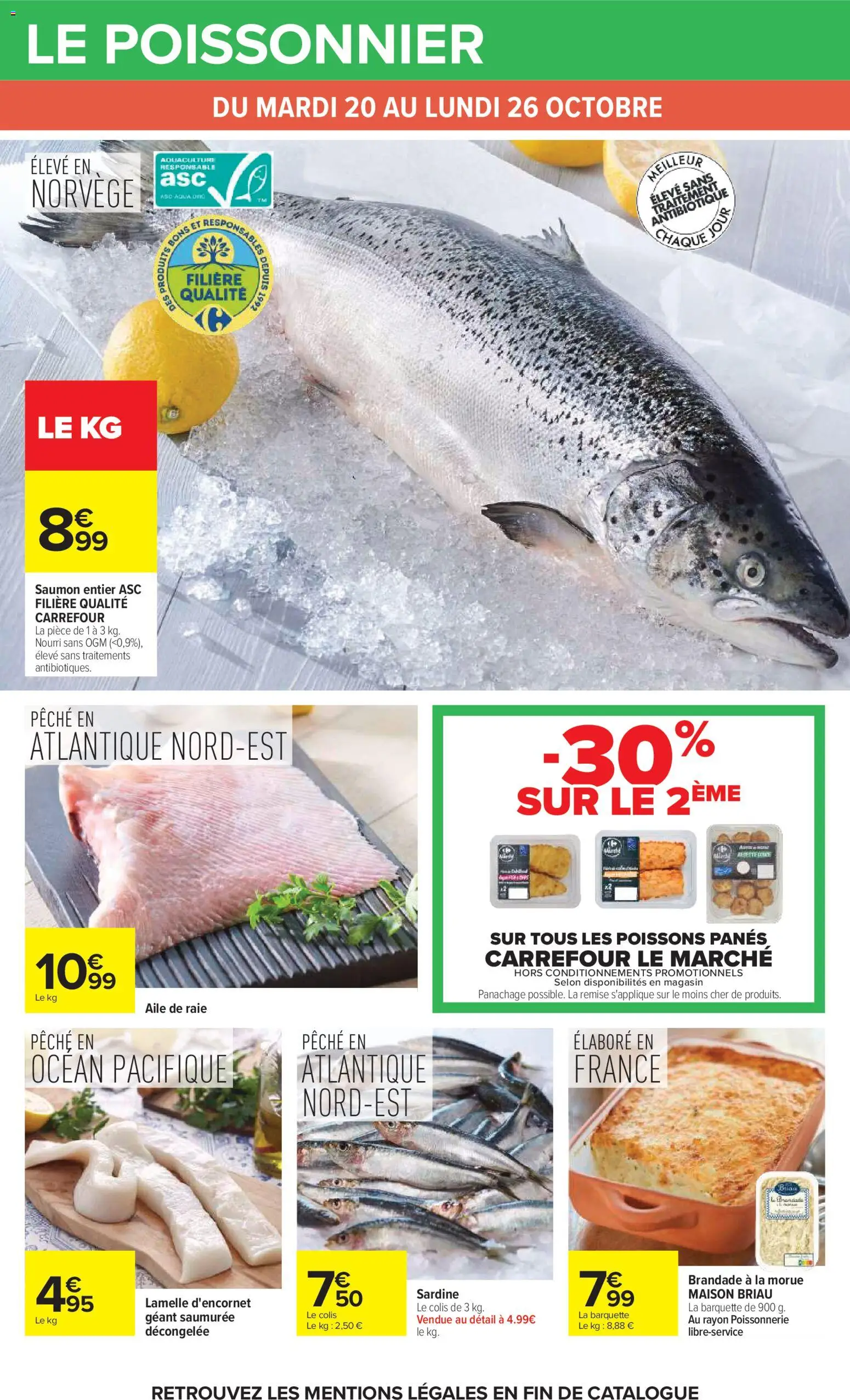 Prévisualisation de Carrefour catalogue du magasin Carrefour formulaire valide 20/10/2026 - Poissonnerie, Poissons, Pêche, Saumon, Sardine, Morue, Aile de raie, Saumon entier