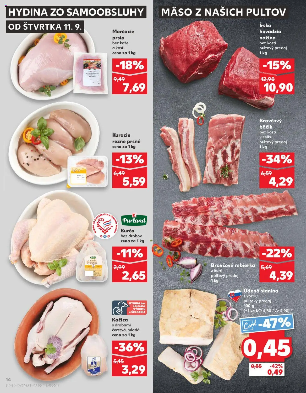 Náhľad Kaufland letáku platného od 11.09.2025 - Mäso, Kuracie rezne, Morčacie prsia, Slanina, Kačica, Bravčový bôčik, Kurča