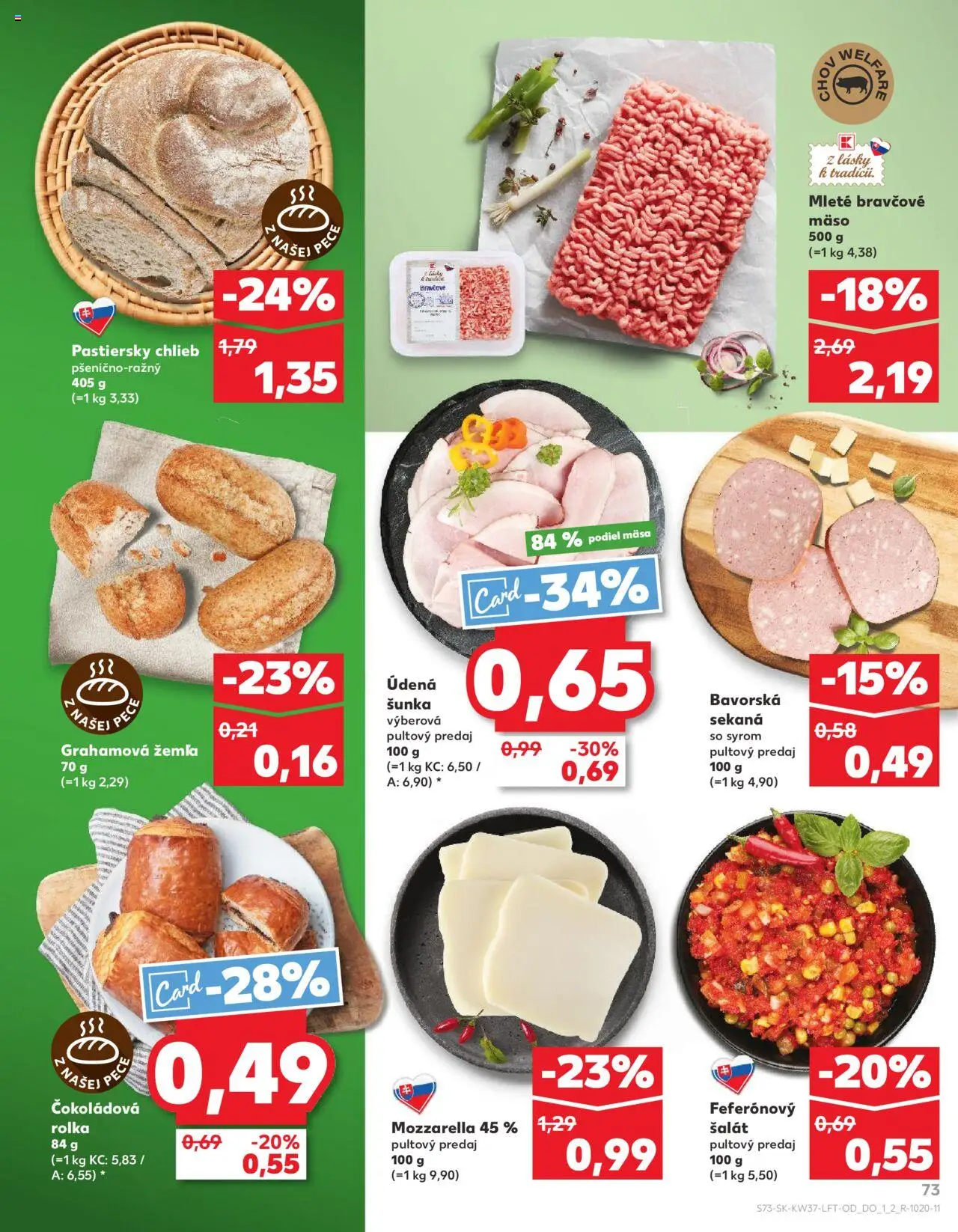 Náhľad Kaufland letáku platného od 11.09.2025 - Mäso, Šalát, Chlieb, Mozzarella, Šunka, Bravčové mäso