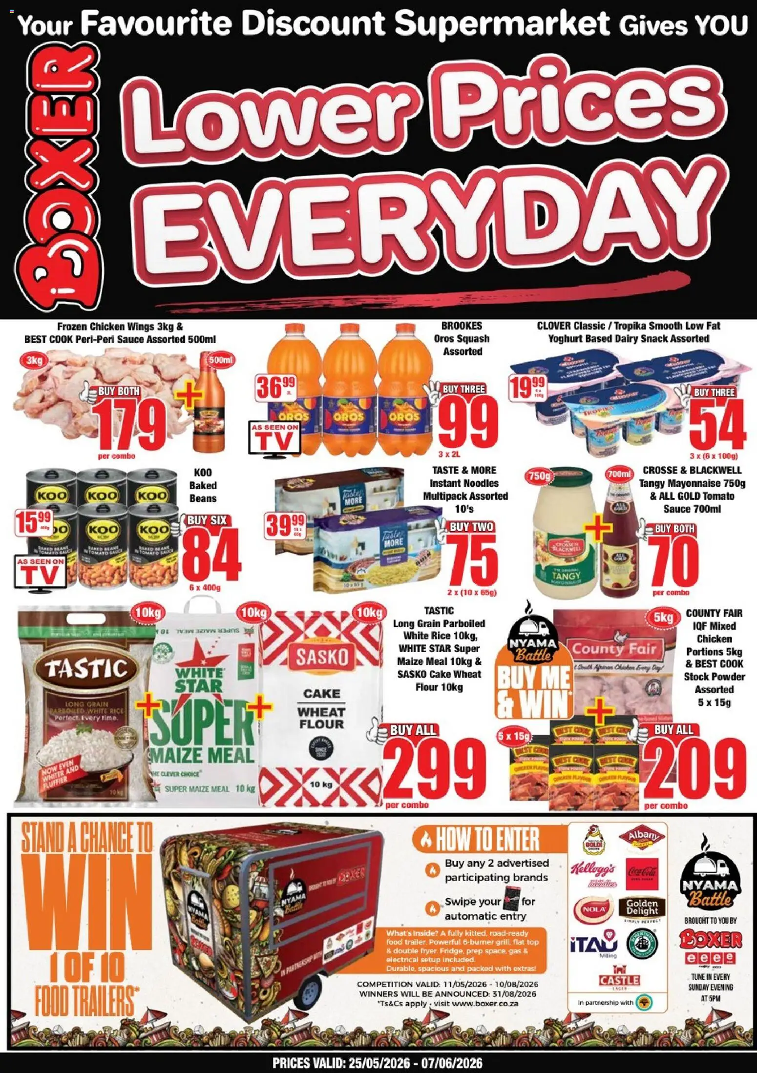 Preview of Boxer flyer valid from 25/05/2026 - Cake, Chicken, Noodles, Rice, Stock, Yoghurt, Chicken wings, Powder