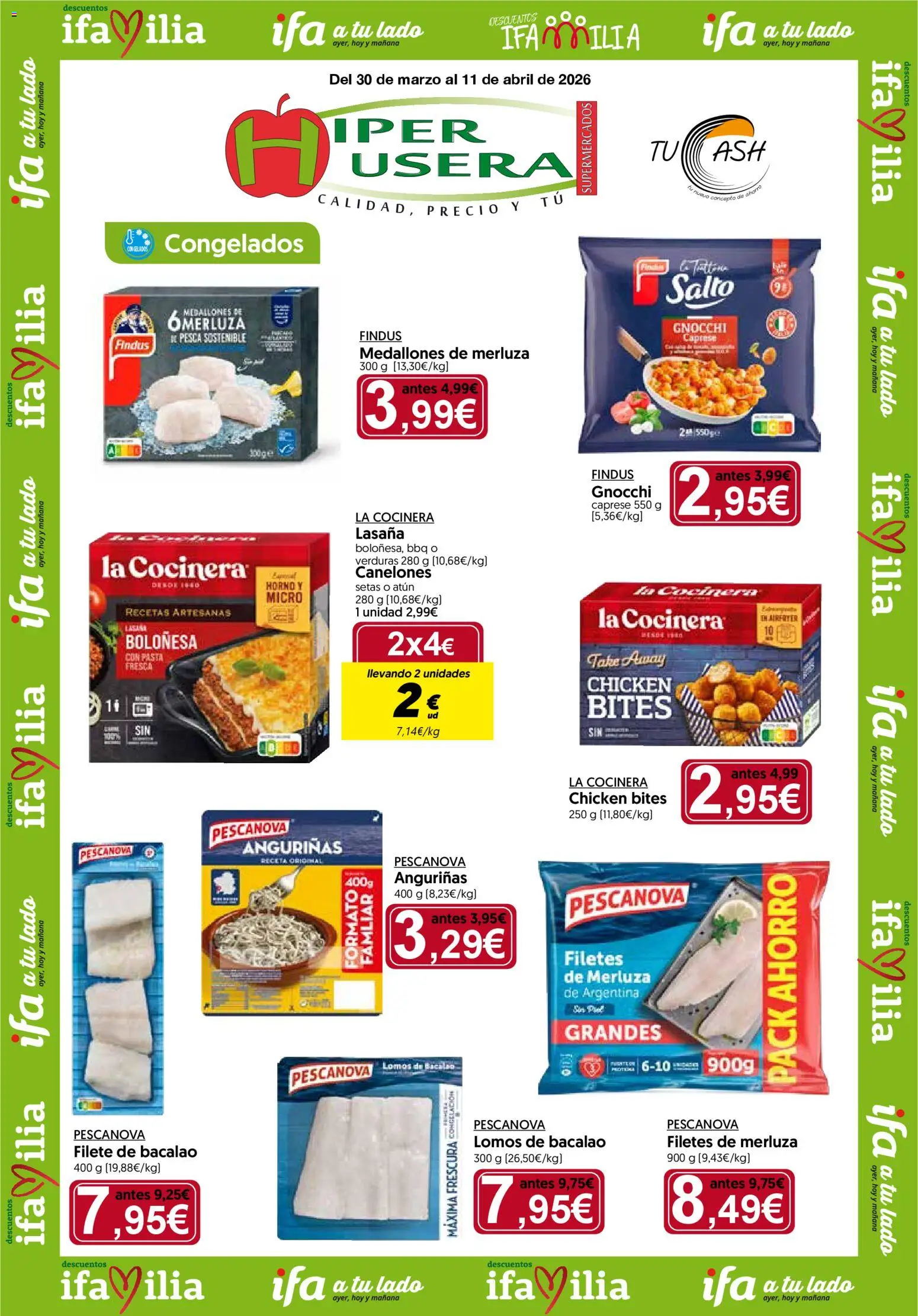 Vista previa del folleto de la tienda Hiper Usera válido desde el 30/03/2026 - Pasta, Setas, Horno, Verduras, Lasaña, Atún, Canelones, Filetes de merluza