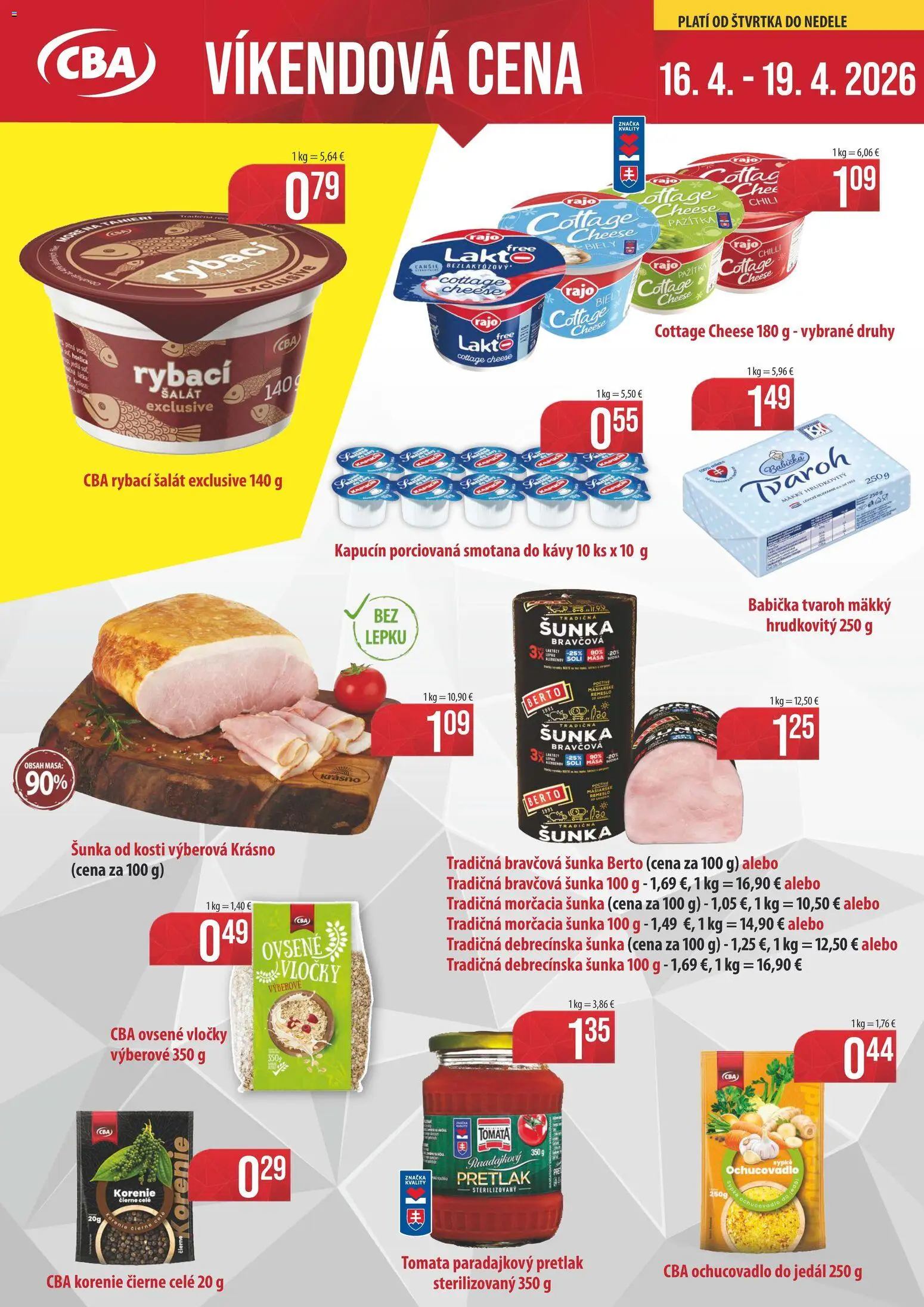 Náhľad CBA Komfos letáku platného od 16.04.2026 - Pretlak, Tvaroh, Cottage cheese, Ovsené vločky, Chilli, Korenie, Smotana, Vločky