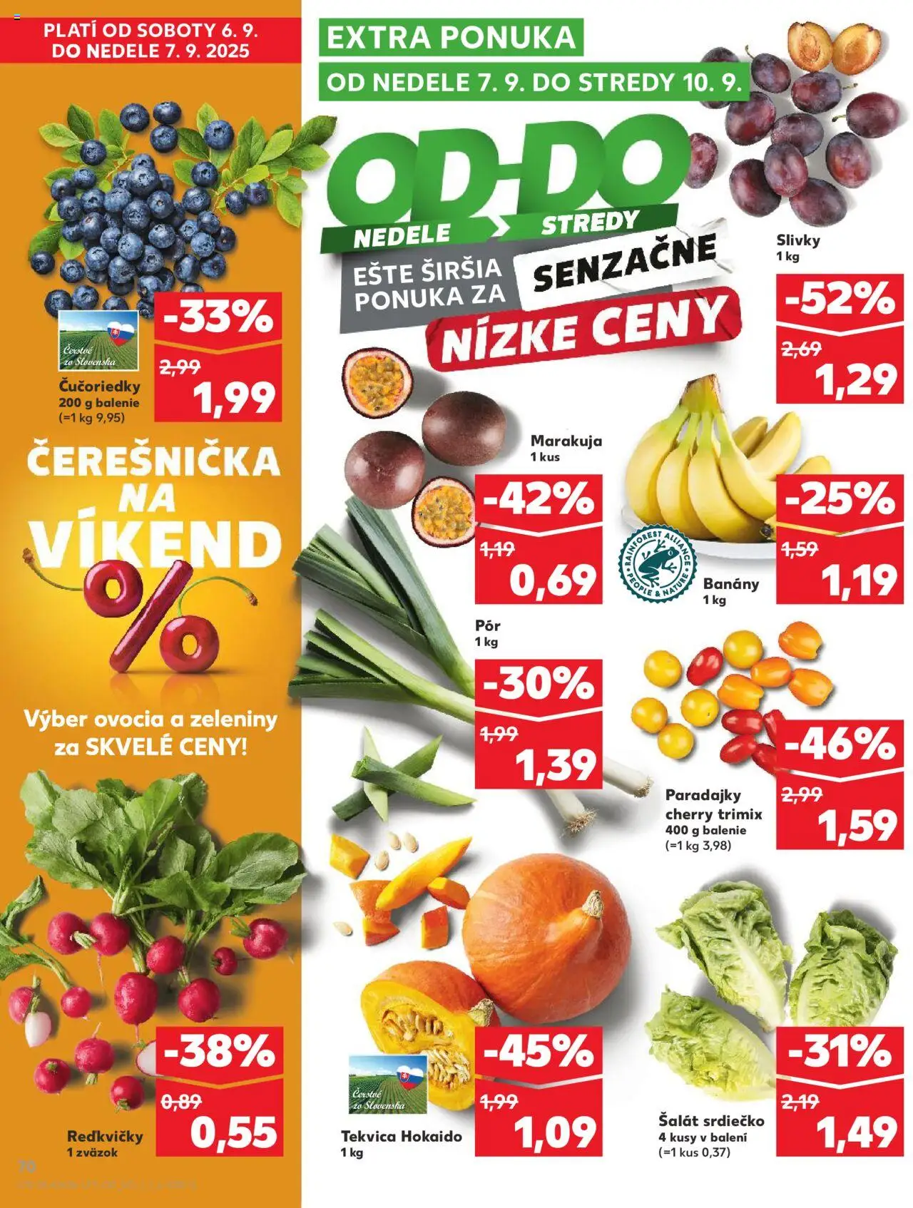 Náhľad Kaufland letáku platného od 04.09.2025 - Tekvica, Čučoriedky, Šalát, Paradajky, Slivky, Banány