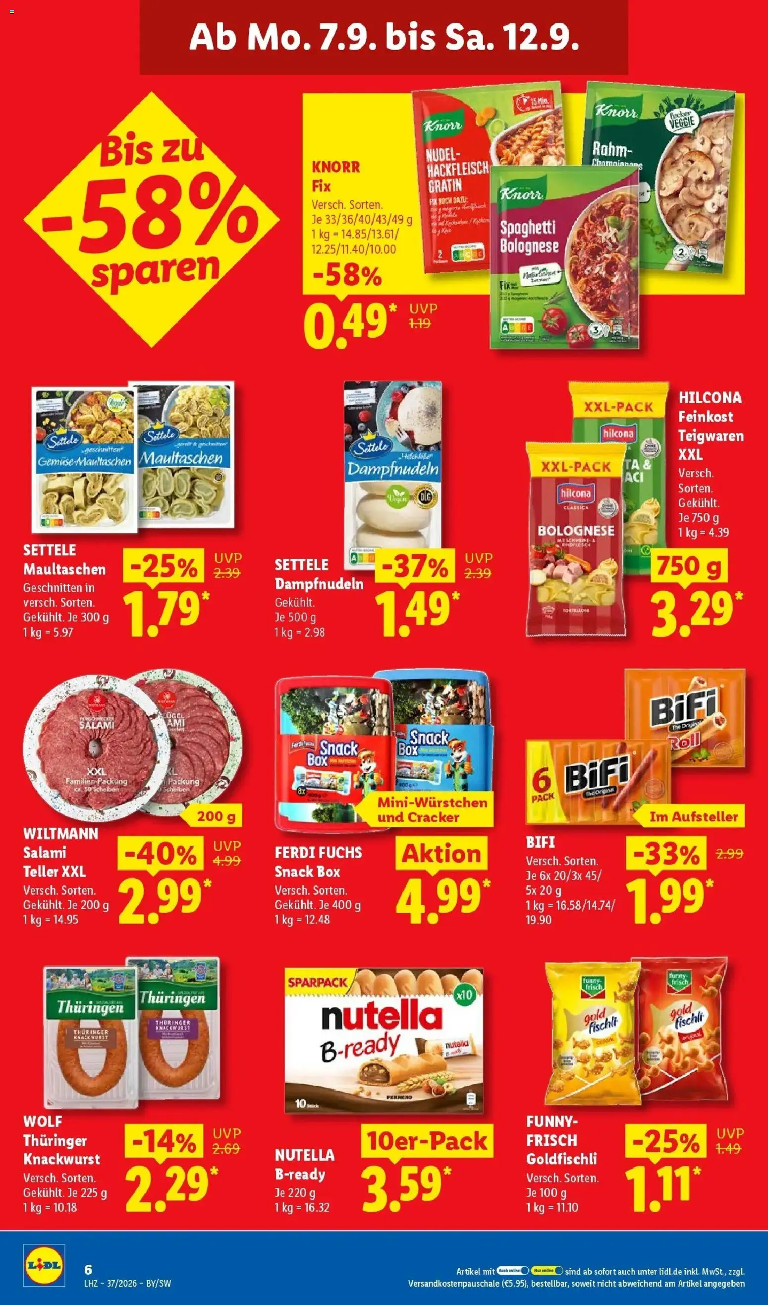 Vorschau von dem Prospekt des Geschäftes Lidl, gültig ab dem 07.09.2026 - Pasta, Wurst, Spaghetti, Maultaschen, Hackfleisch, Box, Funny frisch, Bifi