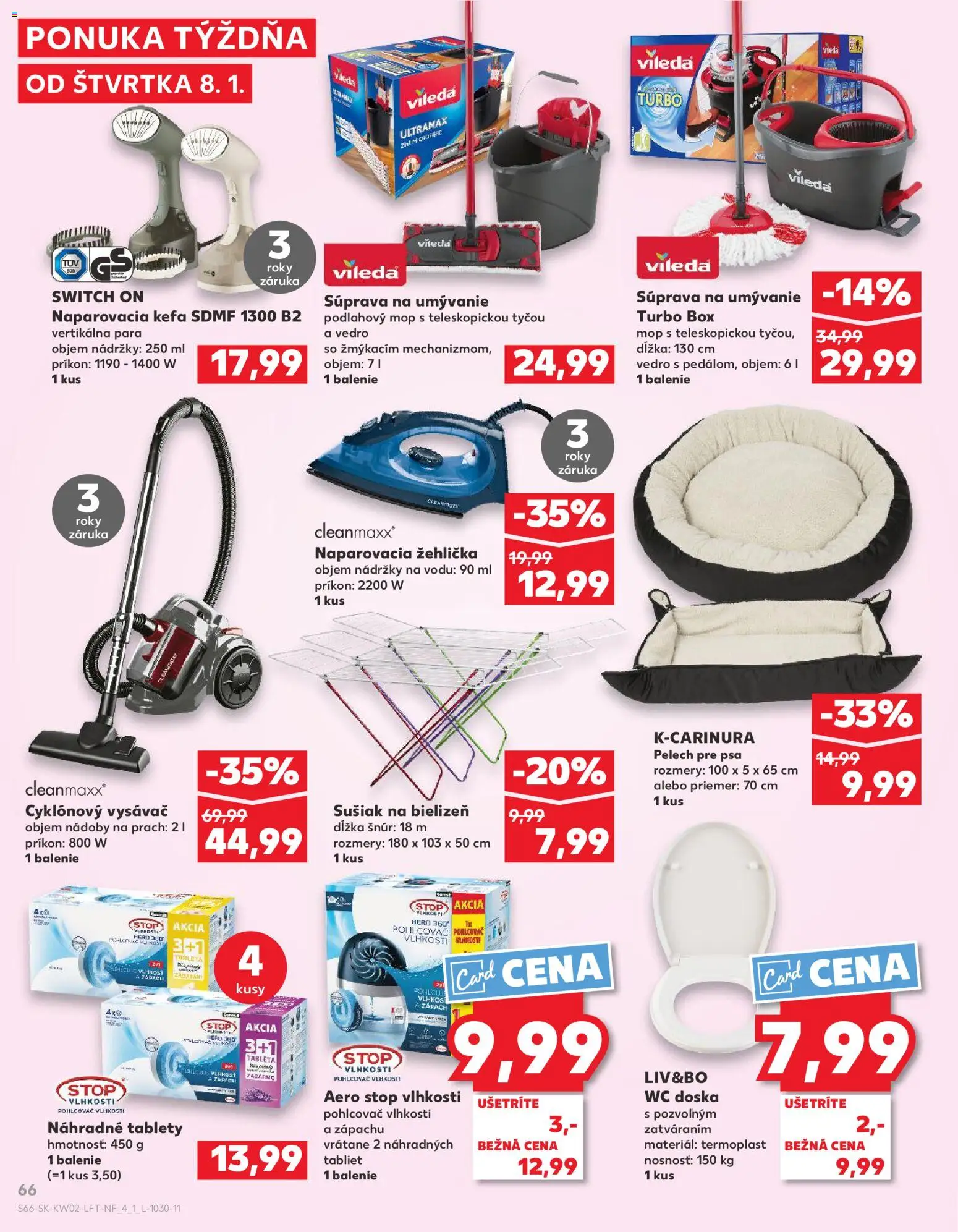 Náhľad Kaufland letáku platného od 08.01.2026 - Vysávač, Wc, Mop, Žehlička, Naparovacia žehlička, Pohlcovač vlhkosti, Kefa