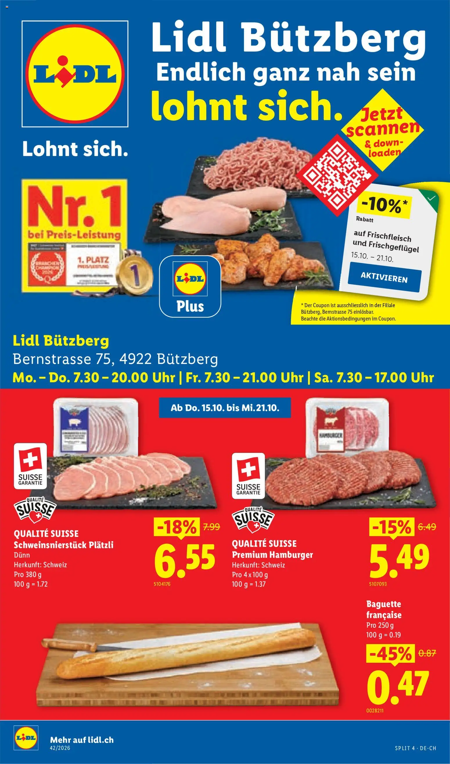 Vorschau des Merkblatts Lidl aktionen Bützberg Neueröffnung vom Shop Lidl gültig von 15.10.2026 bis 21.10.2026 - Uhr, Baguette