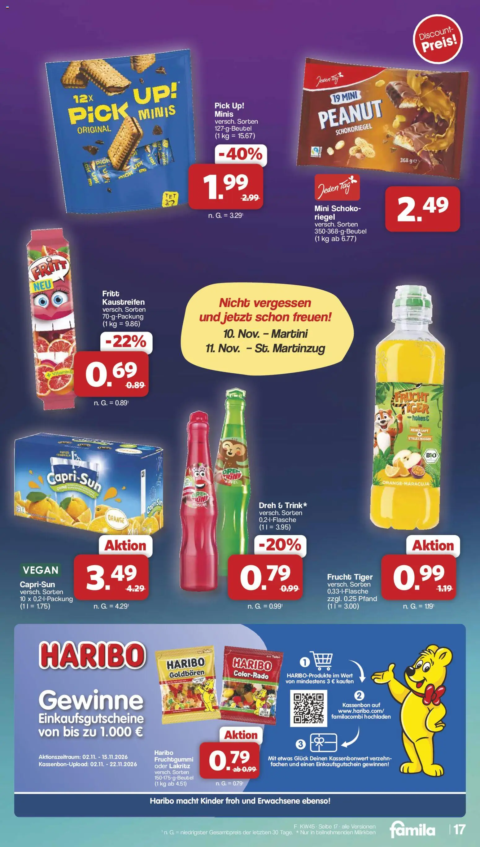 Vorschau von dem Prospekt des Geschäftes Famila Nordwest, gültig ab dem 02.11.2026 - Wasser, Haribo, Äpfel, Martini, Saft, Hohes c