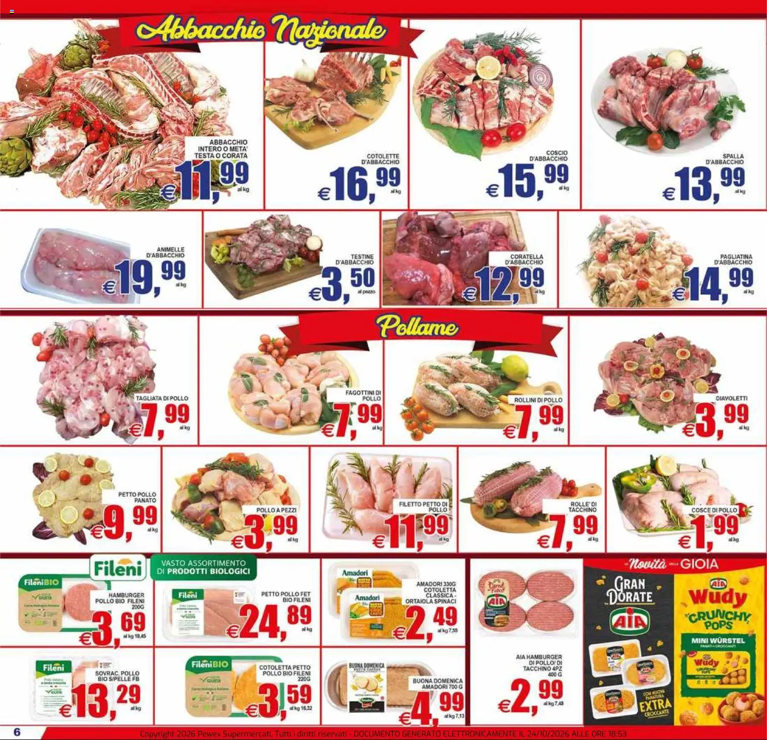 Anteprima dell'opuscolo Pewex volantino Supermercati Via Rubicone dal negozio Pewex valido da 23/10/2026 - Hamburger, Pollo, Wurstel, Tacchino, Petto di Pollo, Spinaci, Filetto, Pollame