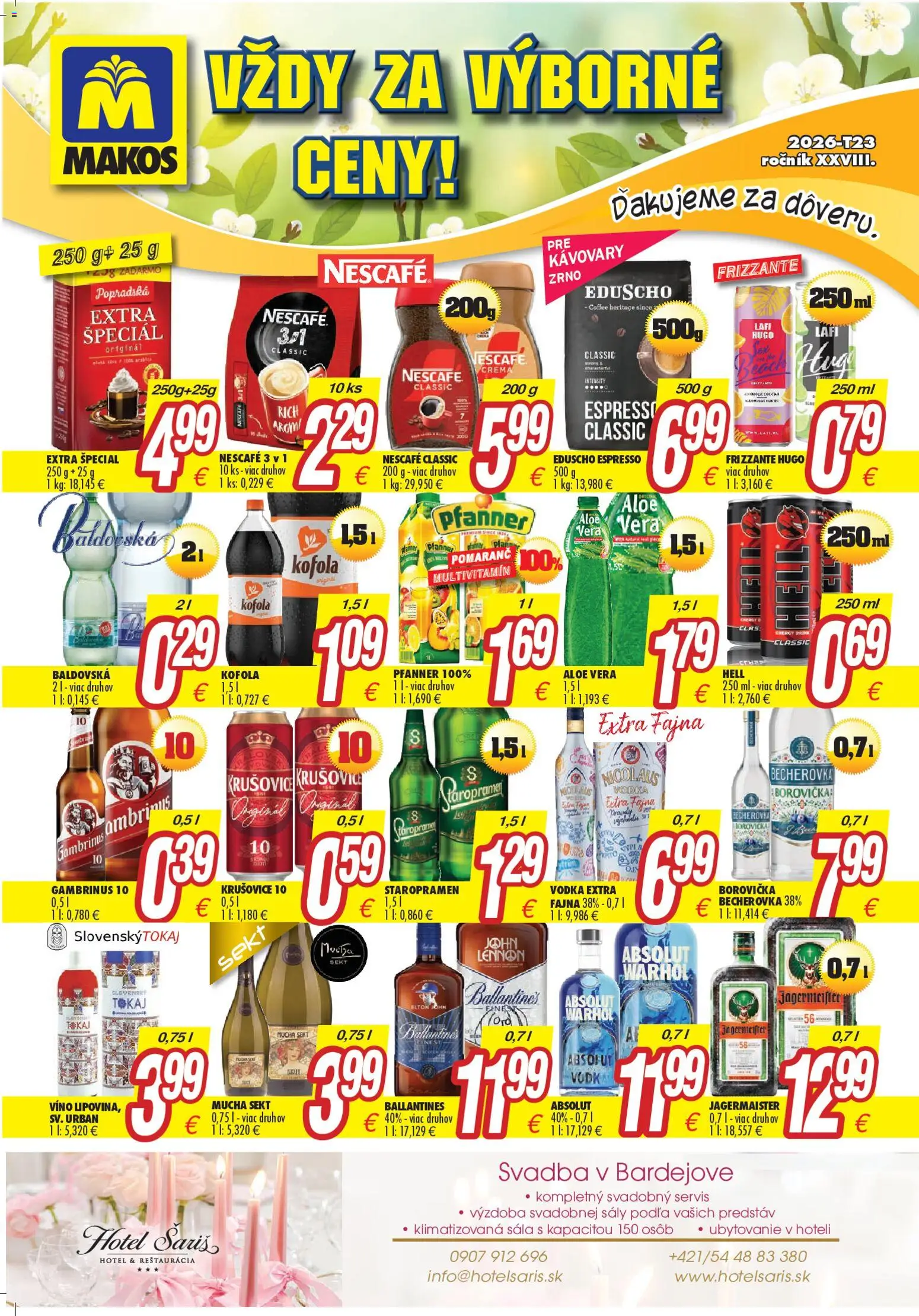 Náhľad Makos letáku platného od 01.06.2026 - Víno, Aloe Vera, Borovička, Multivitamín, Šariš, Gambrinus, Baldovská, Sekt
