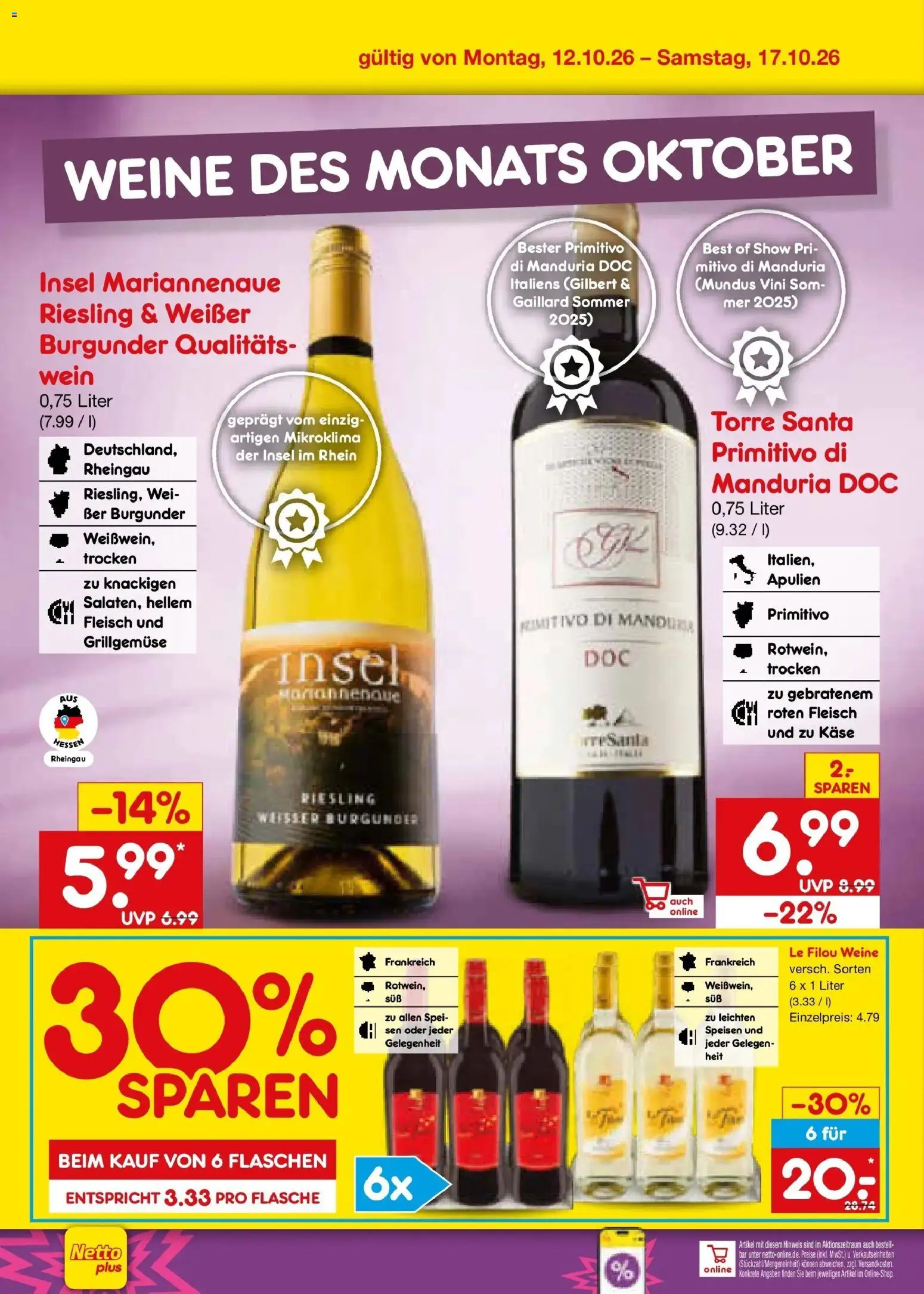 Vorschau von dem Prospekt des Geschäftes Netto Marken-Discount, gültig ab dem 12.10.2026 - Wasser, Käse, Wein, Fleisch, Le filou