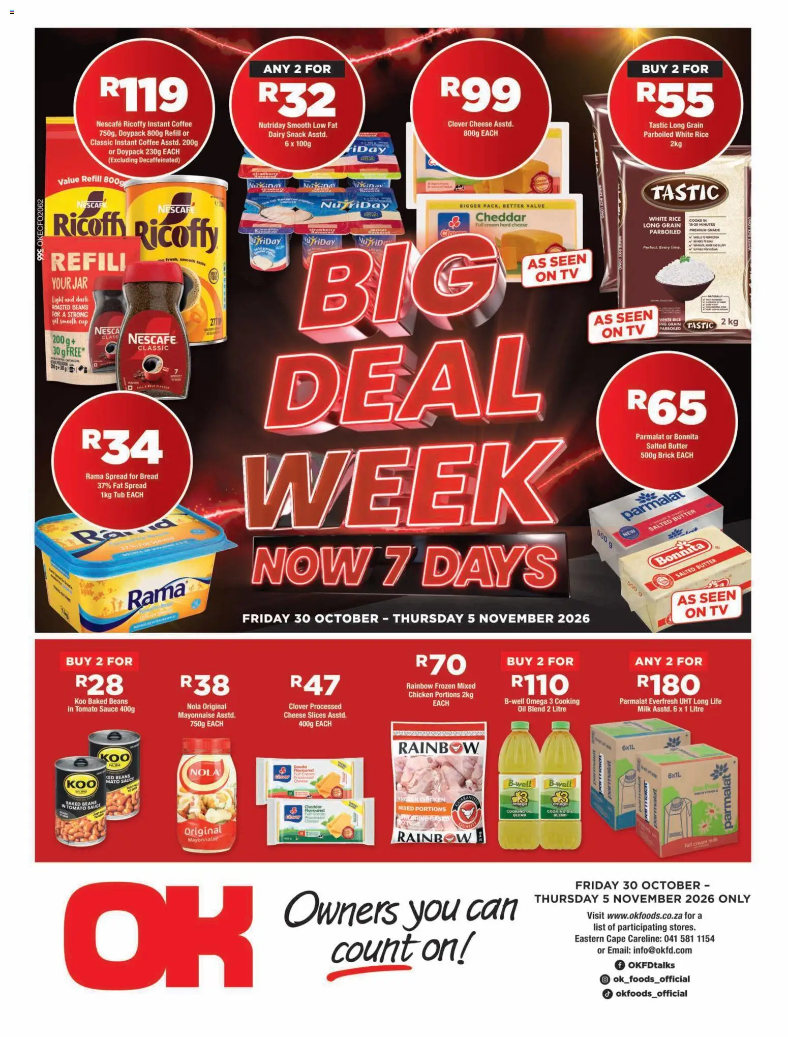 Preview of OK Foods flyer valid from 30/10/2026 - TV, Cheese, Omega 3, Sauce, Spread, Instant coffee, Cheddar, Fat spread