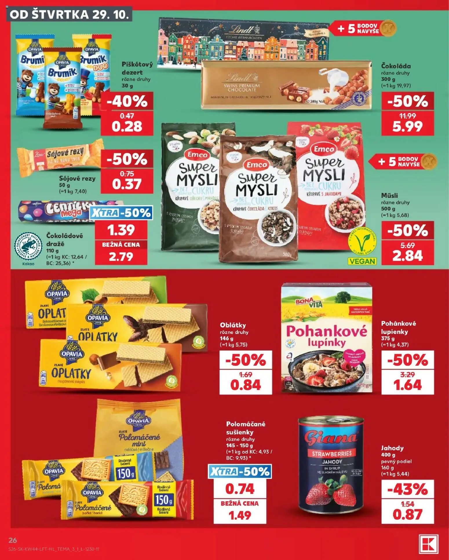 Náhľad Kaufland letáku platného od 29.10.2026 - Čokoláda, Lindt, Kokos, Jahody, Dezert, Sušienky, Oblátky, Müsli
