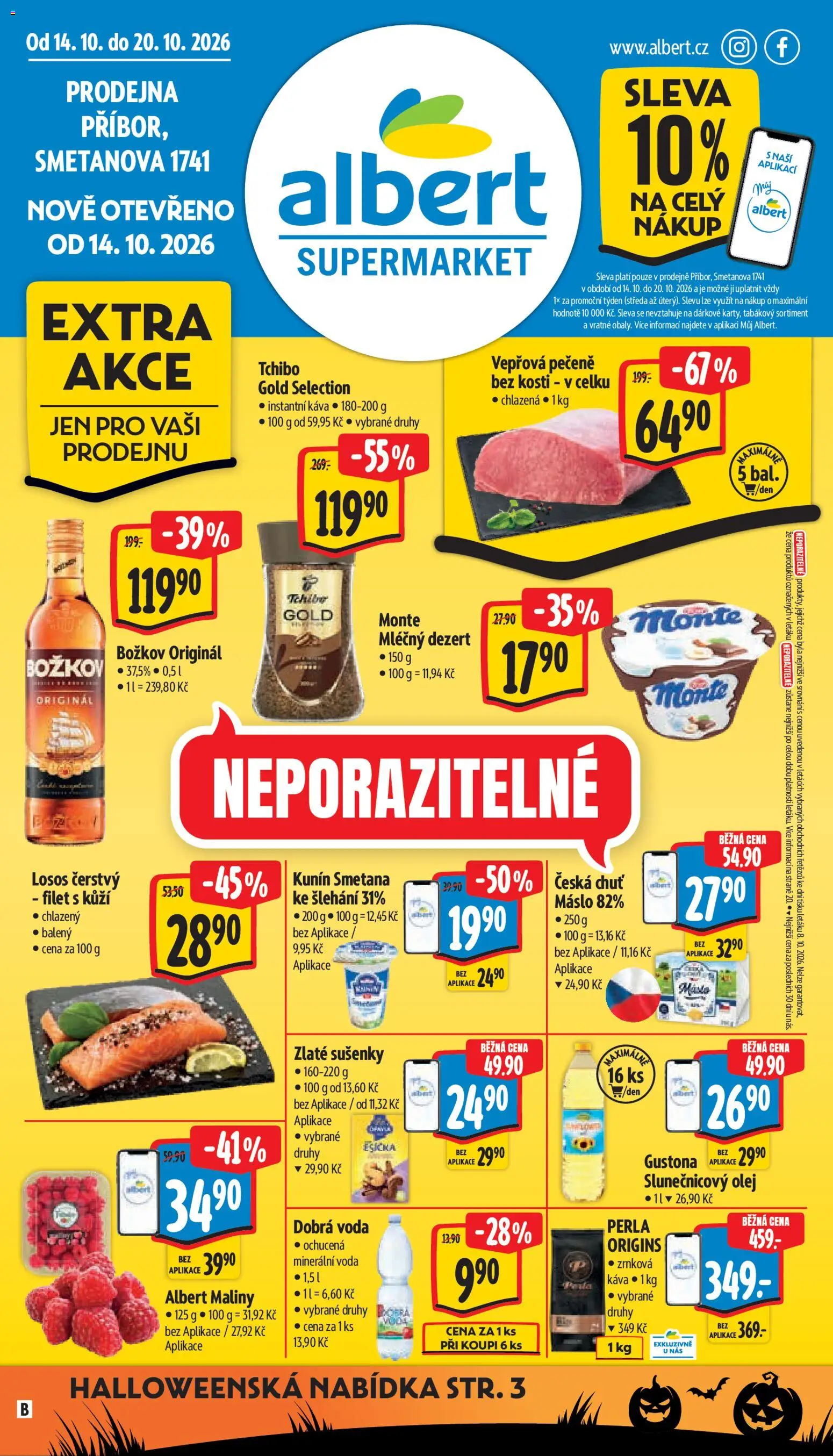 Náhled nabídky: Albert Albert leták - Supermarket Příbor platný od 14.10.2026 - Tchibo, Vepřová pečeně, Olej, Zrnková káva, Instantní káva, Minerální voda, Božkov originál, Filet