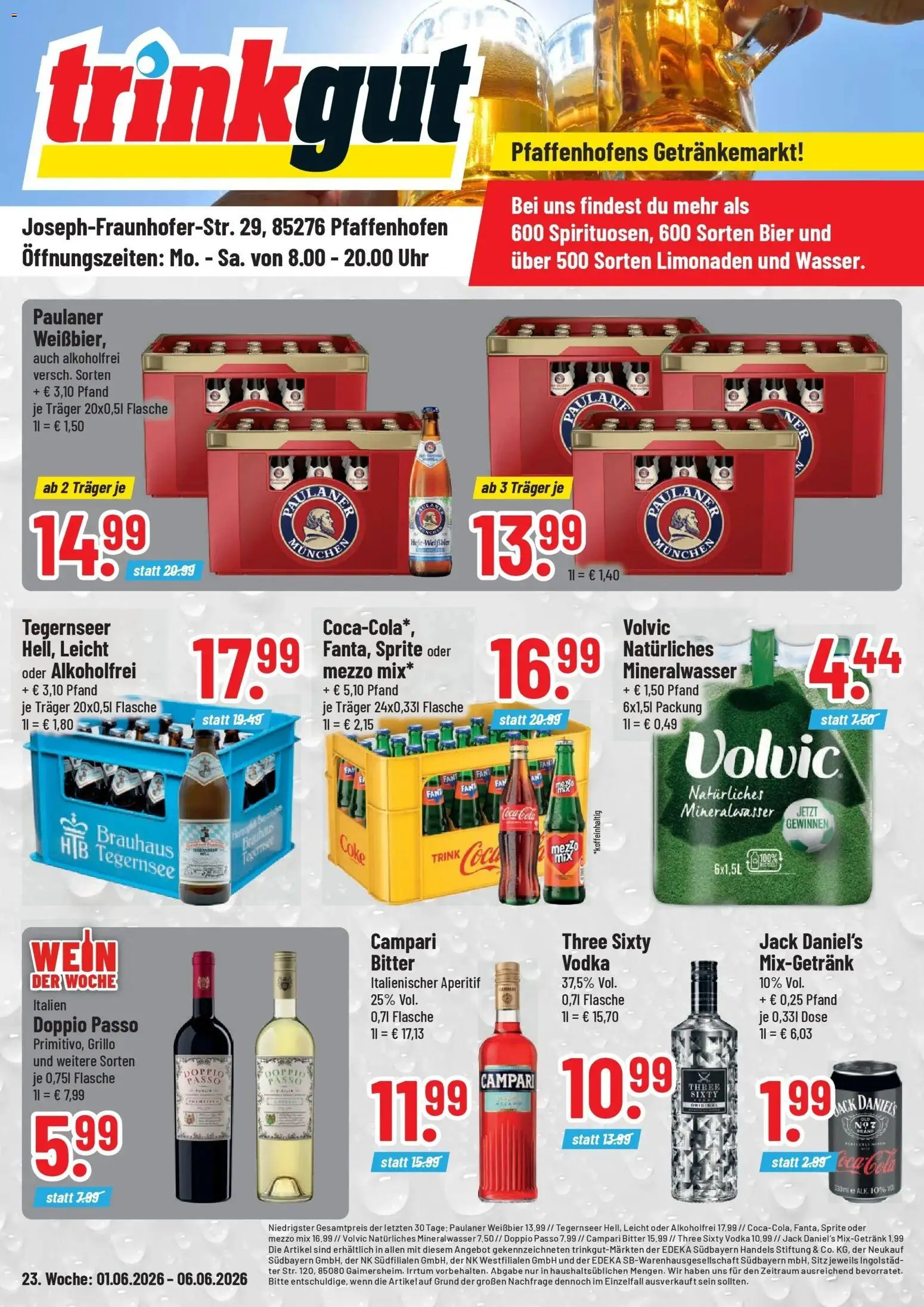 Vorschau von dem Prospekt des Geschäftes Trinkgut, gültig ab dem 01.06.2026 - Wein, Mineralwasser, Vodka, Volvic, Doppio Passo, Mezzo mix, Weißbier, Mixgetränk