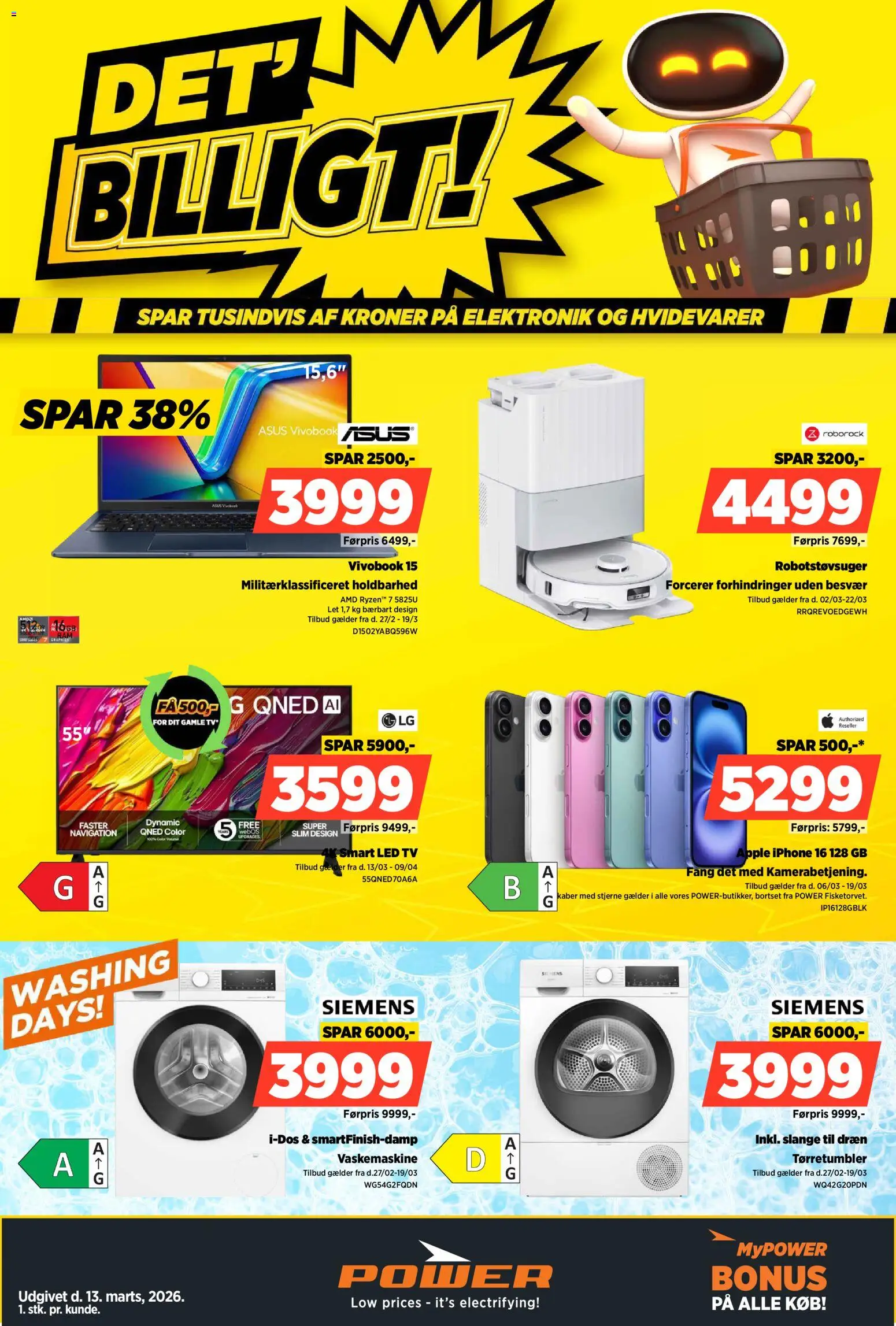 Eksempel på tilbudsavis Power - Tilbudsavis fra butik Power gyldig fra 13/03/2026 - TV, Vaskemaskine, Robotstøvsuger, Tørretumbler, Navigation