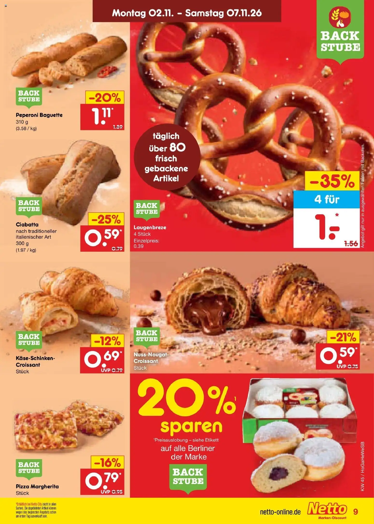Vorschau von dem Prospekt des Geschäftes Netto Marken-Discount, gültig ab dem 02.11.2026 - Pizza, Croissant, Baguette, Berliner