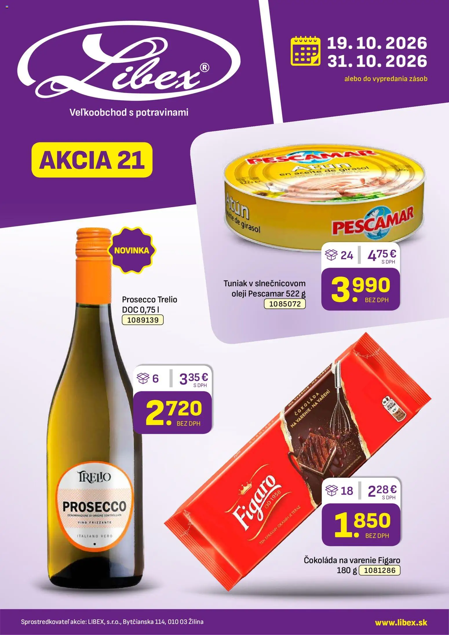 Náhľad Libex letáku platného od 19.10.2026 - Víno, Prosecco, Čokoláda, Tuniak, Čokoláda na varenie