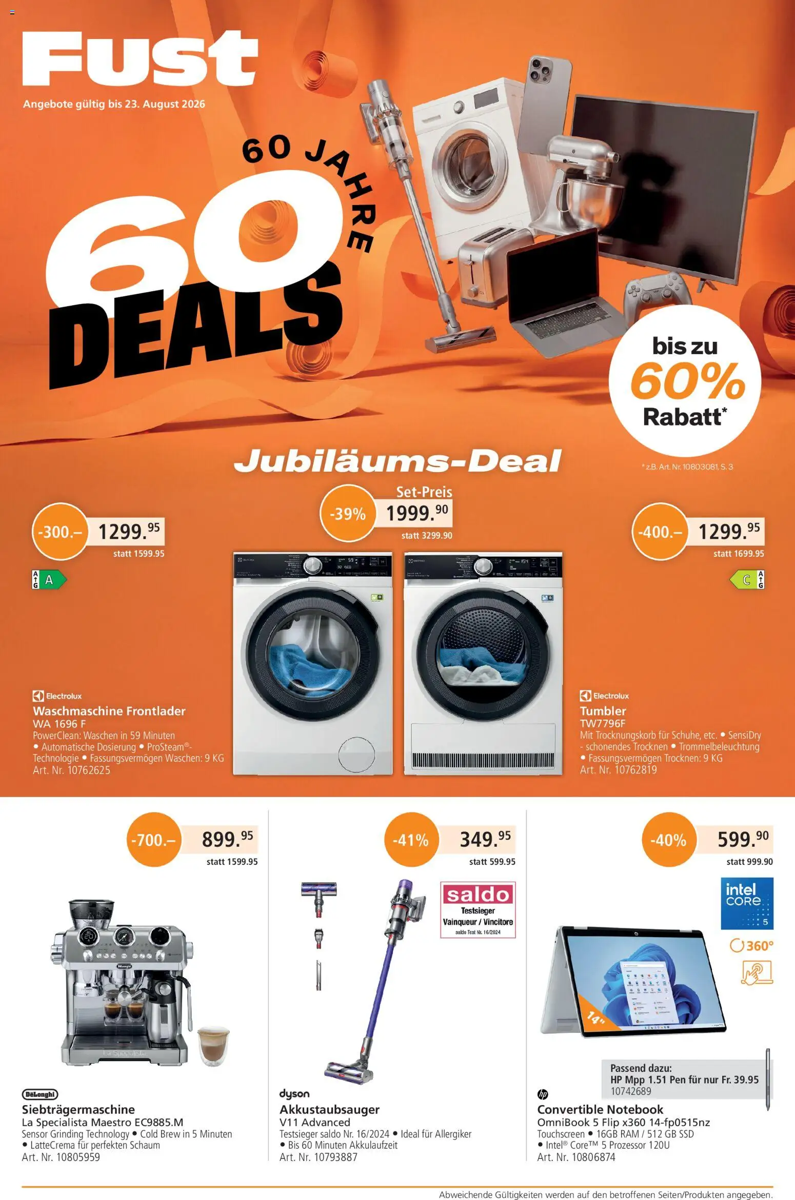 Vorschau des Merkblatts Fust aktionen vom Shop Fust gültig von 27.07.2026 bis 23.08.2026 - Dyson, Waschmaschine, HP, Notebook