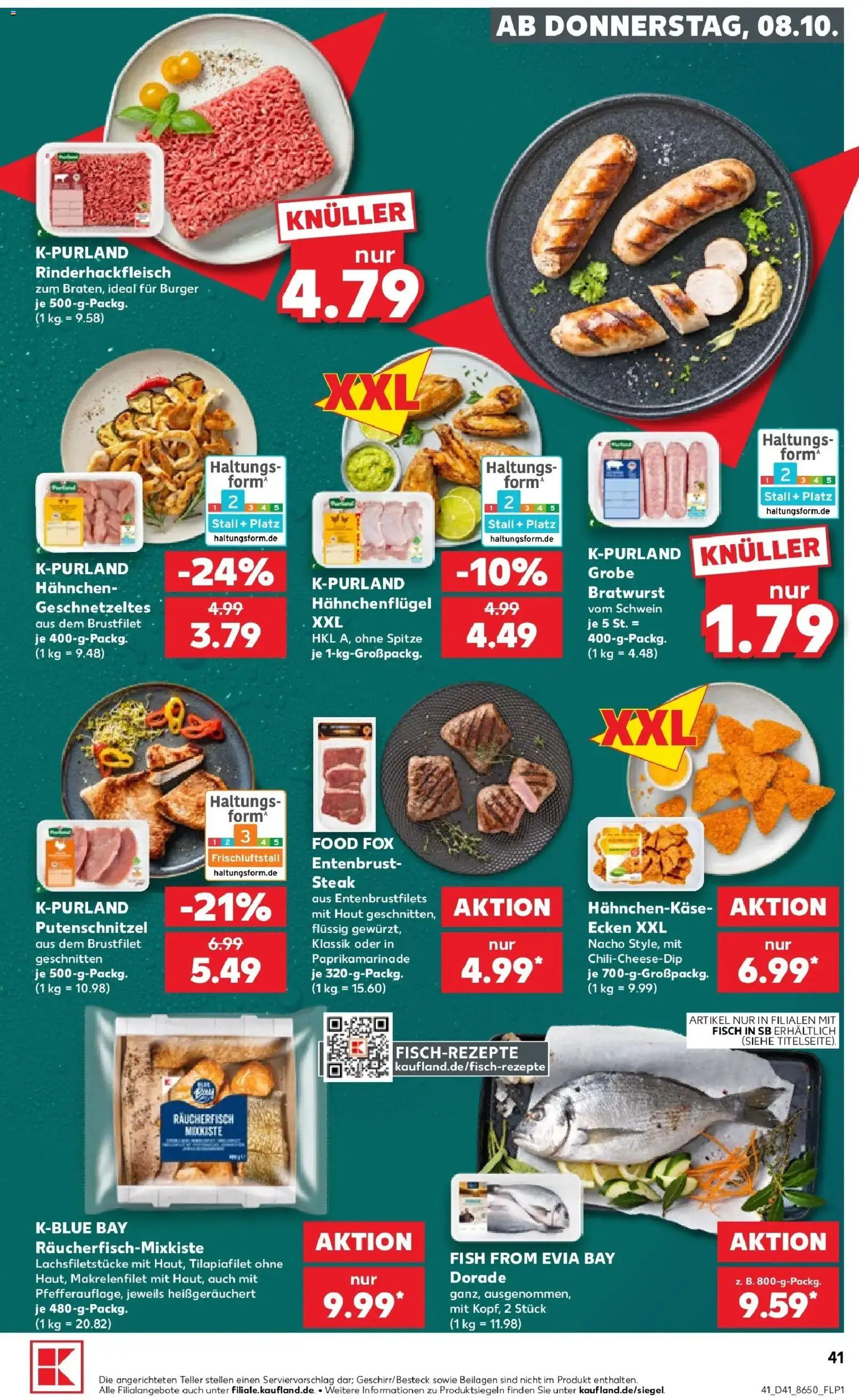 Vorschau von dem Prospekt des Geschäftes Kaufland, gültig ab dem 08.10.2026 - Burger, Fisch, Steak, Bratwurst, Dorade, Putenschnitzel, Beilagen, Hahnchen