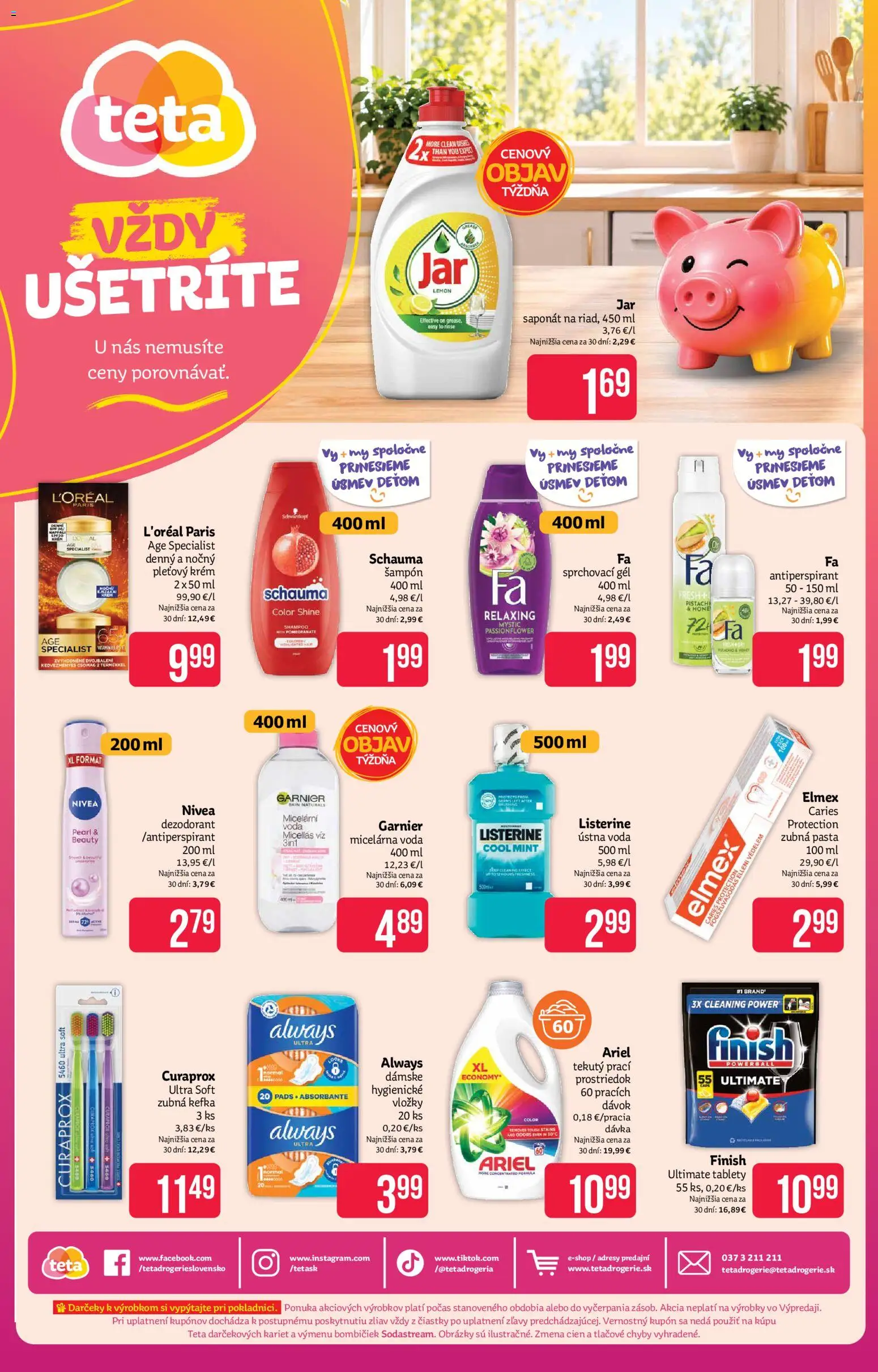 Náhľad Teta drogerie letáku platného od 26.10.2026 - Voda, Curaprox, Ariel, Dezodorant, Antiperspirant, Šampón, Zubná kefka, Ústna voda