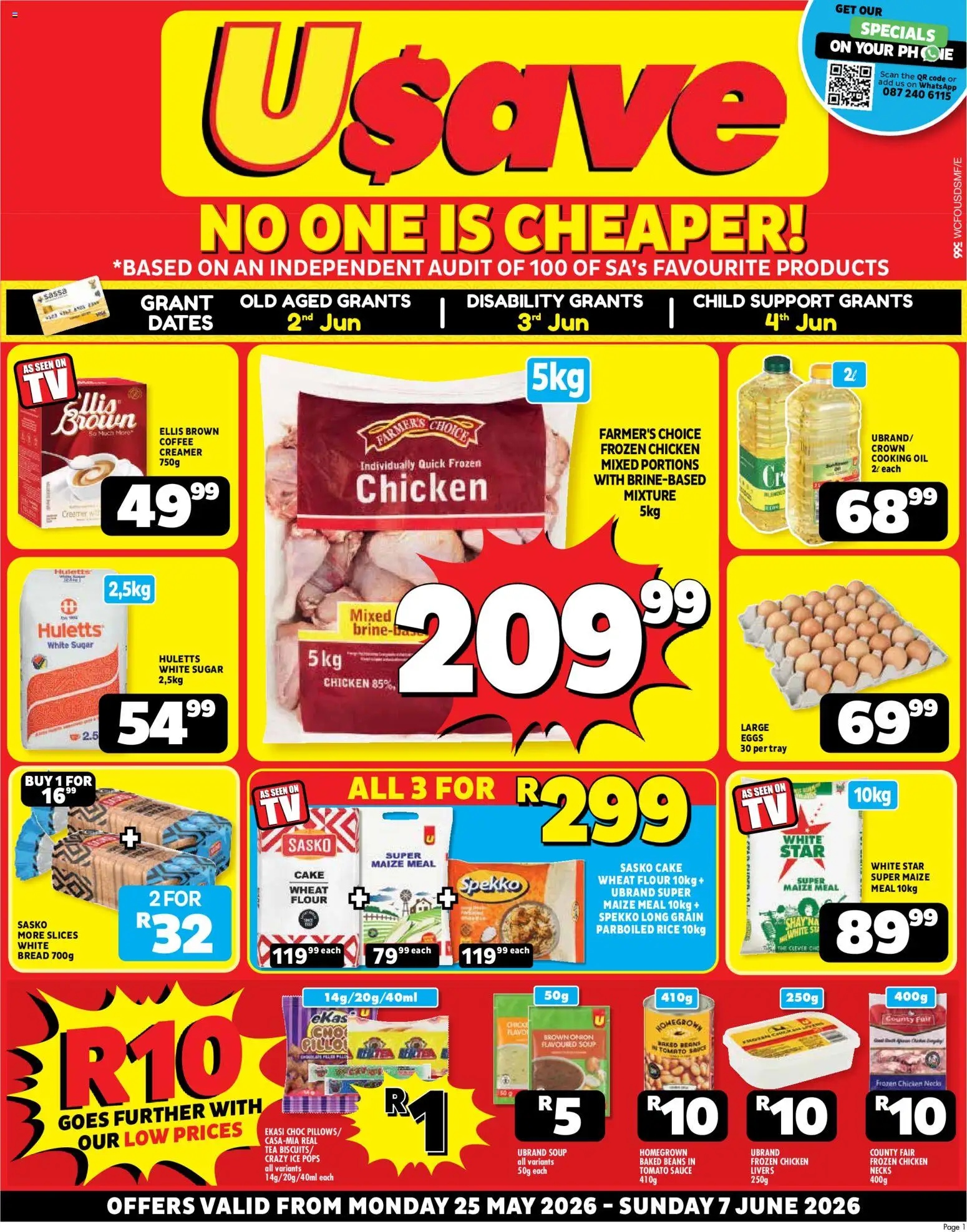 Preview of Usave flyer valid from 25/05/2026 - Coffee, Cake, Eggs, Bread, Sugar, Tray, Creamer, Frozen chicken