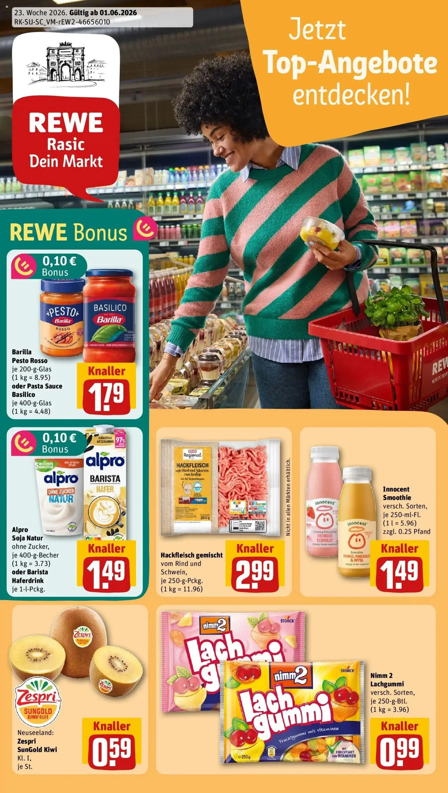 Vorschau von dem Prospekt des Geschäftes Rewe, gültig ab dem 01.06.2026 - Pasta, Äpfel, Kiwi, Zucker, Barilla pesto, Alpro, Haferdrink, Fruchtsaft