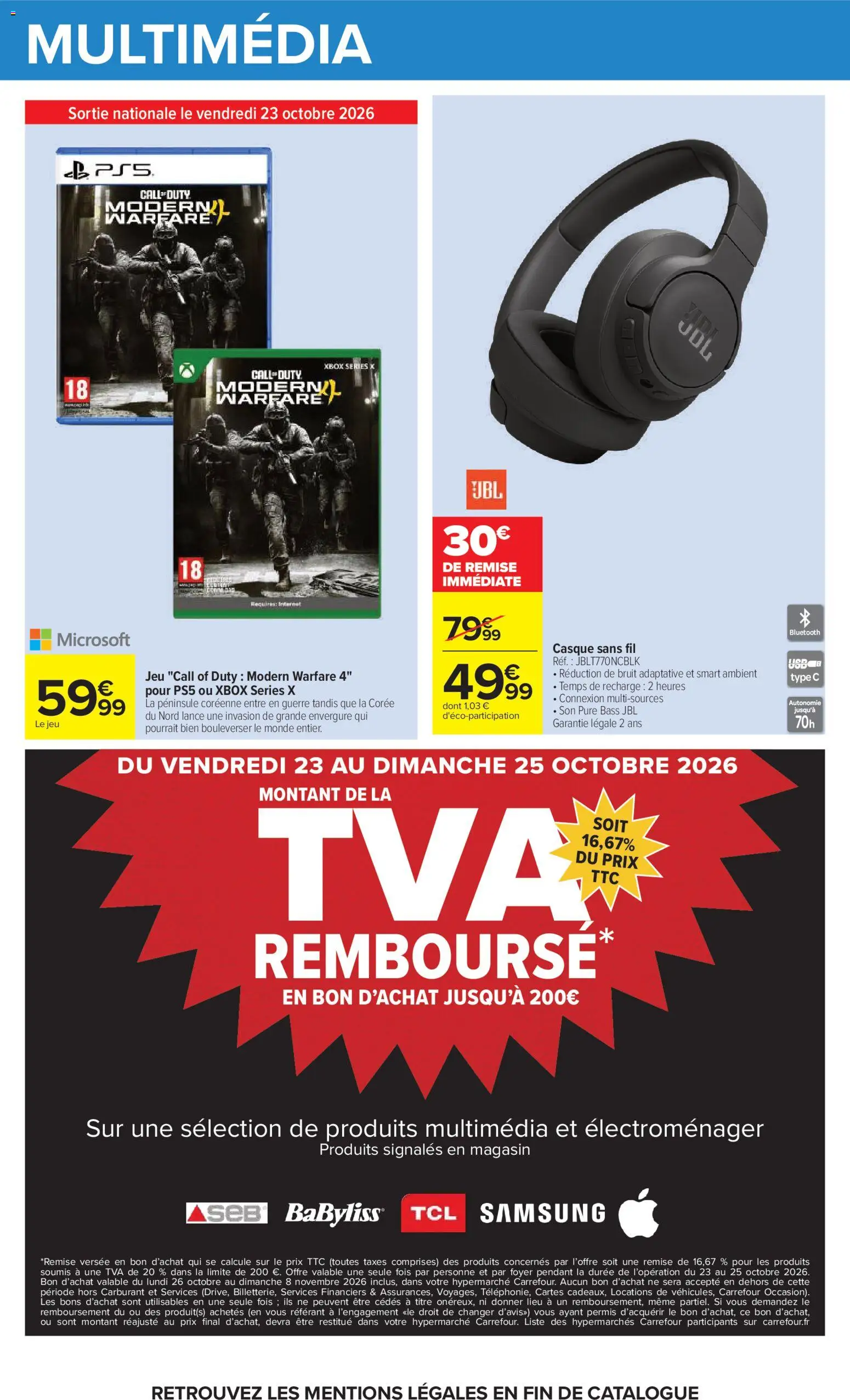 Prévisualisation de Carrefour catalogue du magasin Carrefour formulaire valide 20/10/2026 - Vidéo, Xbox, JBL, Casque, Casque sans fil, Call of duty modern warfare