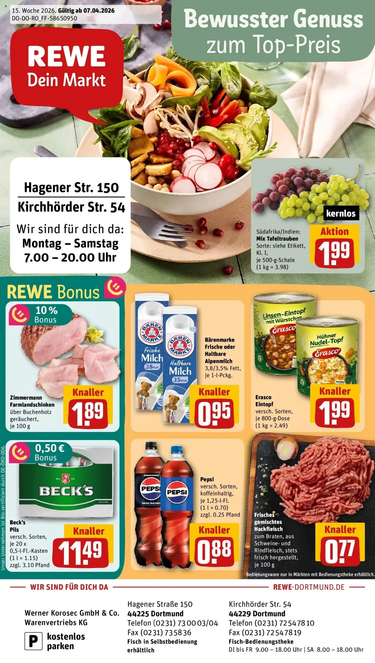 Vorschau von dem Prospekt des Geschäftes Rewe, gültig ab dem 05.04.2026 - Uhr, Telefon, Fisch, Milch, Hackfleisch, Pepsi, Pils, Erasco