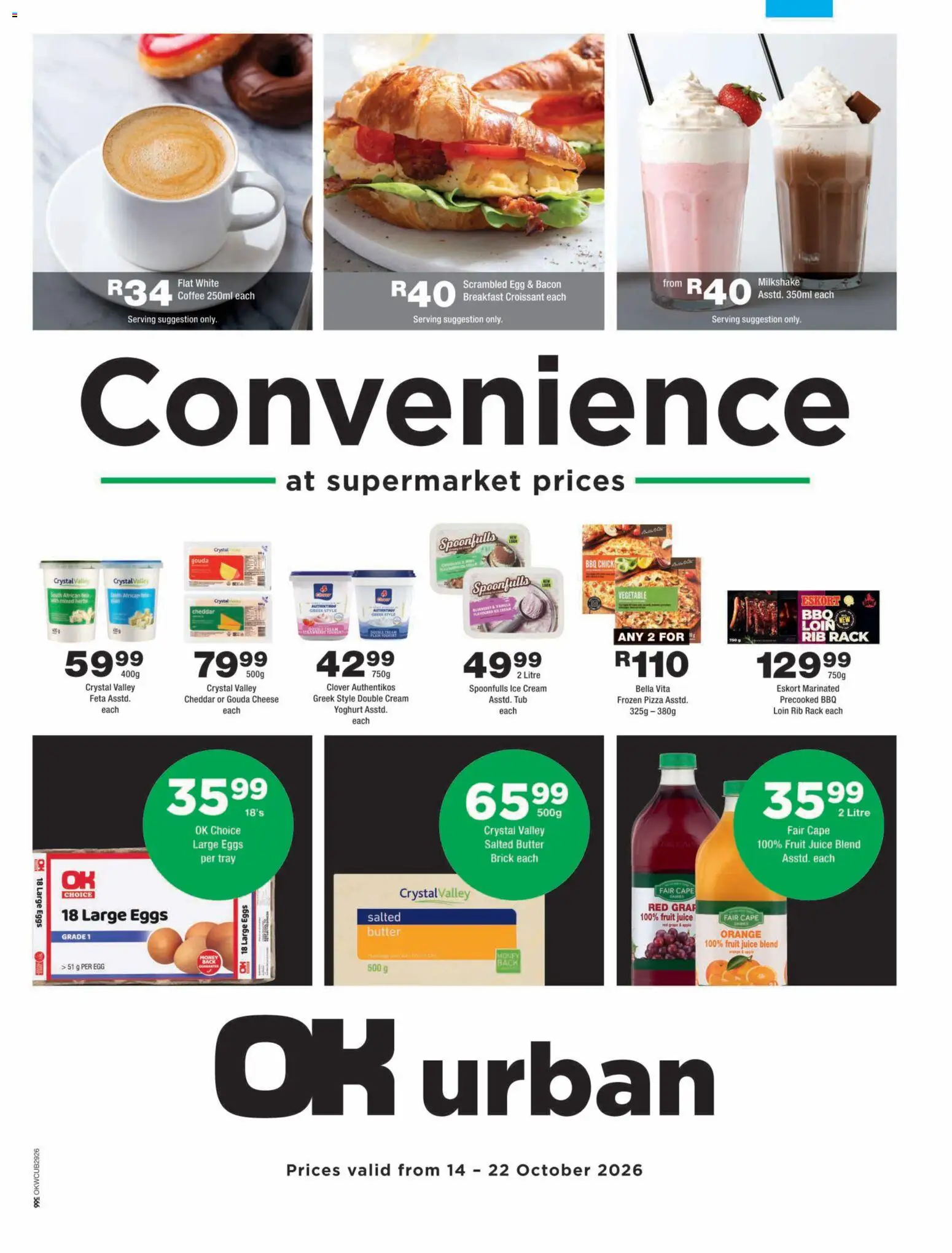 Preview of OK Foods flyer valid from 14/10/2026 - Coffee, Pizza, Eggs, Butter, Cheese, Juice, Yoghurt, Bacon