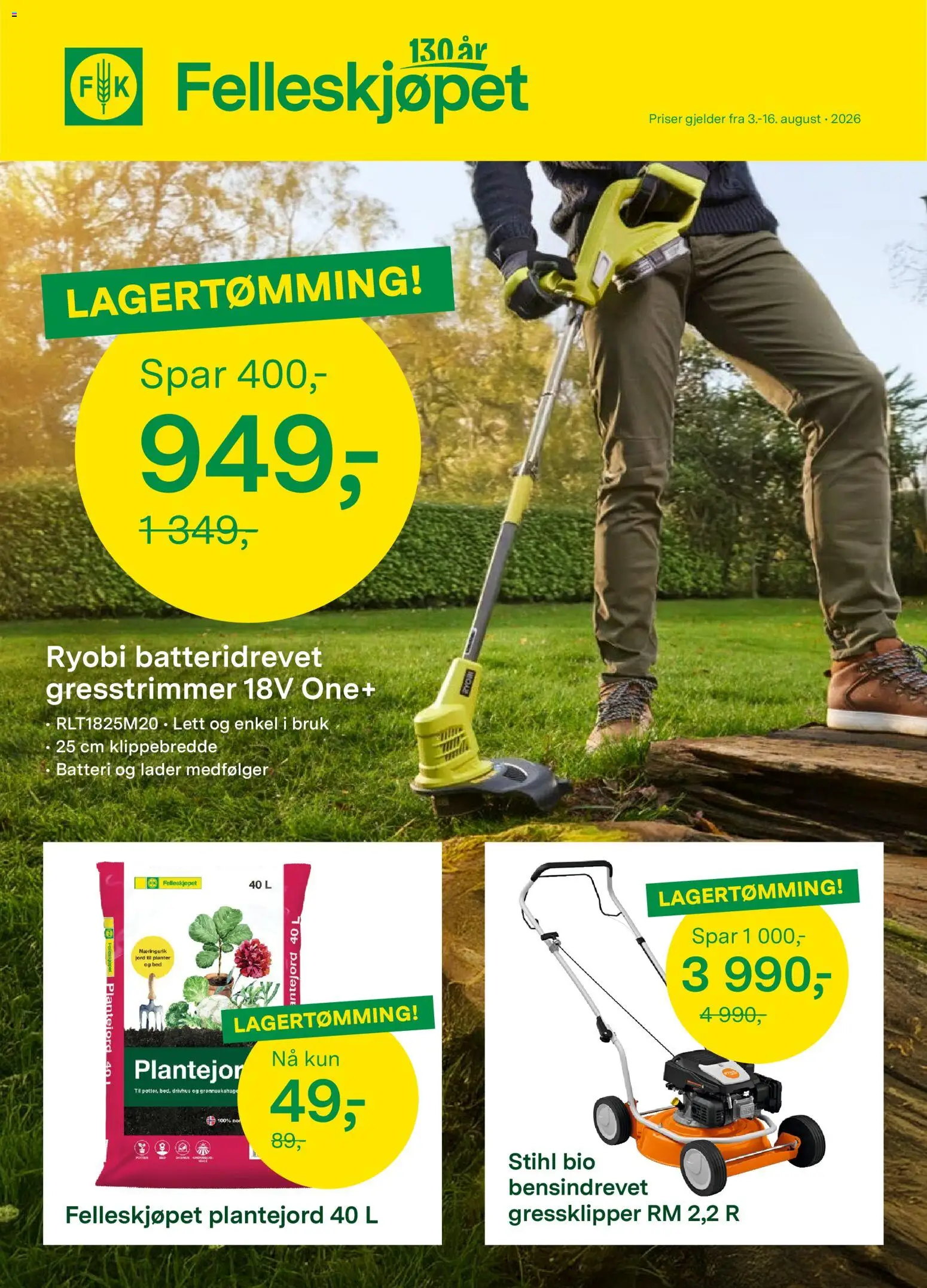 Forhåndsvis Felleskjøpet kundeavis fra butikk Felleskjøpet gyldig fra 03/08/2026 - Plantejord, Ryobi, 1, Gressklipper, Batteri, Bad, Drivhus, Gresstrimmer
