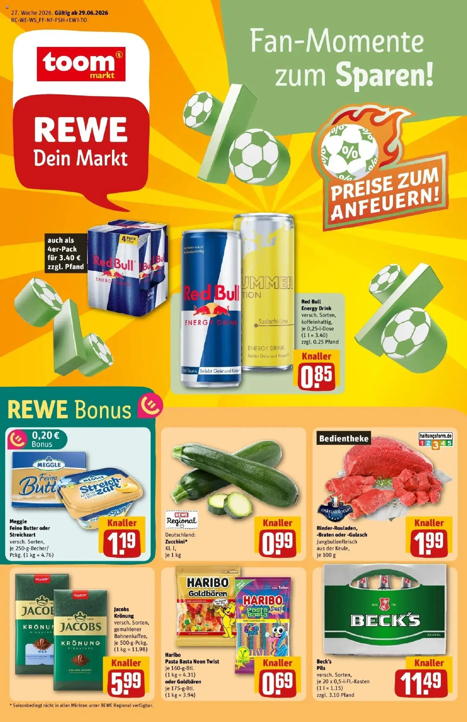 Vorschau von dem Prospekt des Geschäftes Rewe, gültig ab dem 29.06.2026 - Butter, Red bull, Pasta, Haribo, Gulasch, Energy, Pils