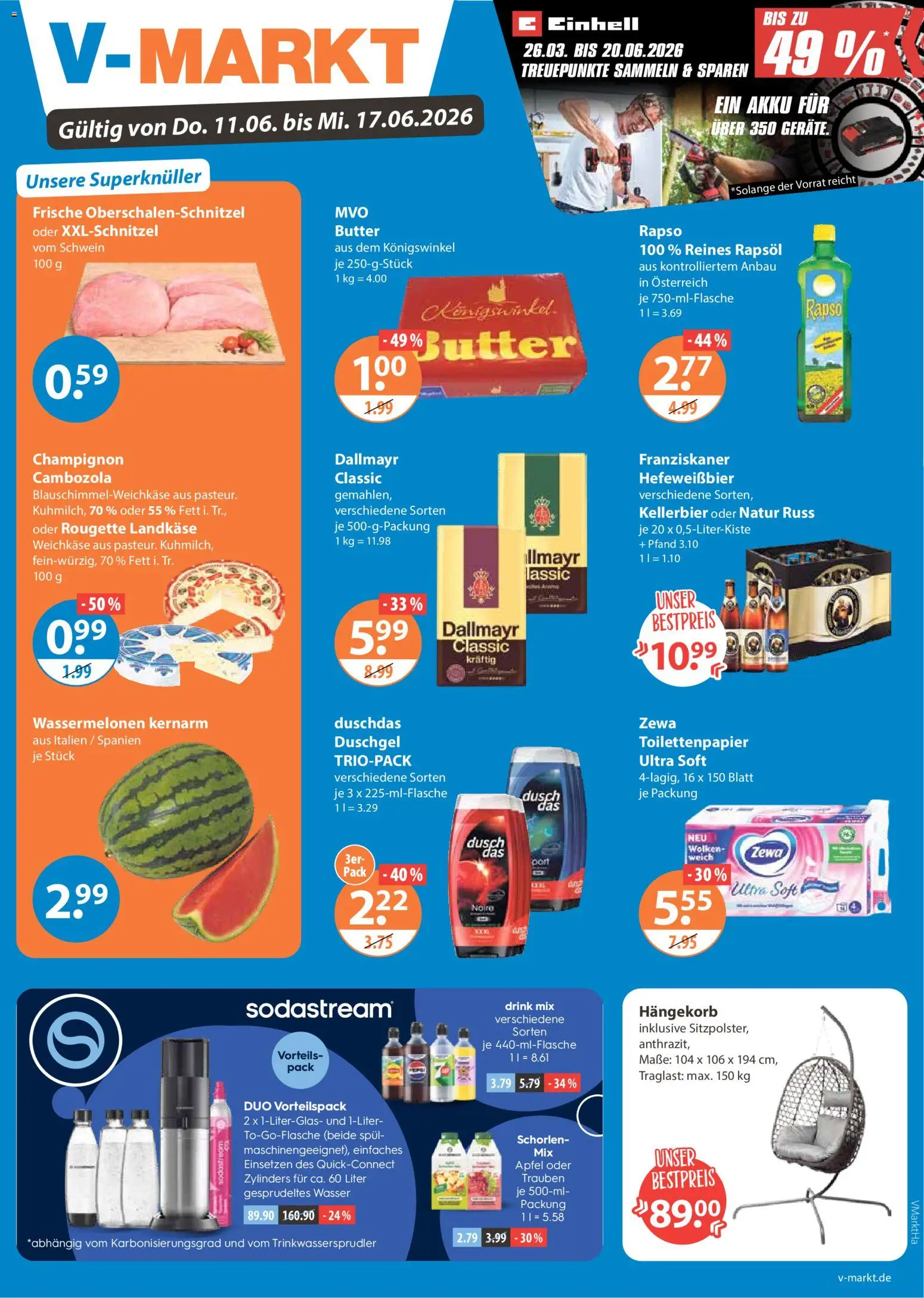 Vorschau von dem Prospekt des Geschäftes V-Markt, gültig ab dem 11.06.2026 - Butter, Wasser, Äpfel, Toilettenpapier, Trauben, Rapsöl, Duschgel, Zewa