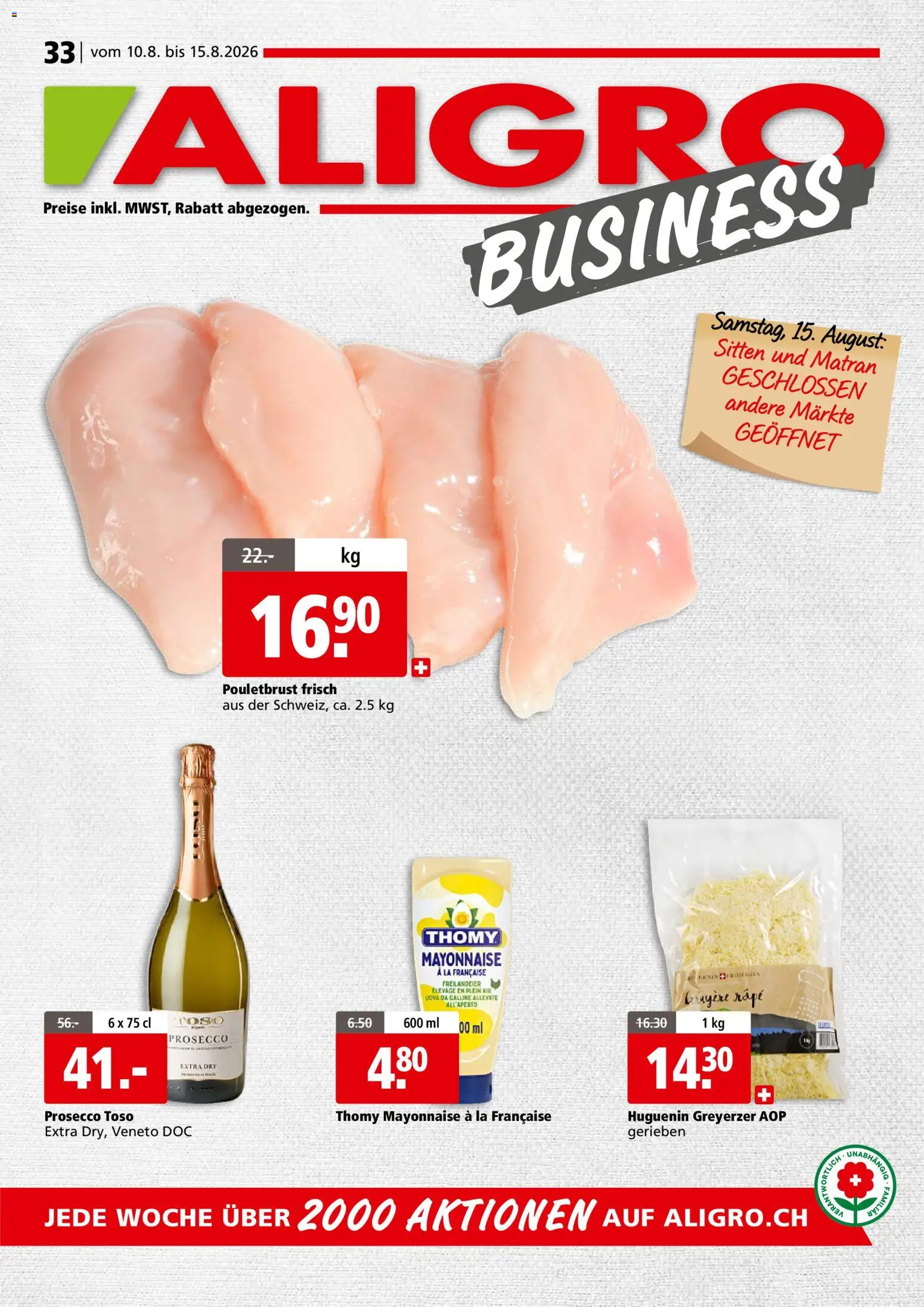 Vorschau des Merkblatts Aligro aktionen Business Chavannes, Matran, Genf, Sitten vom Shop Aligro gültig von 10.08.2026 bis 15.08.2026 - Prosecco, Mayonnaise, Pouletbrust