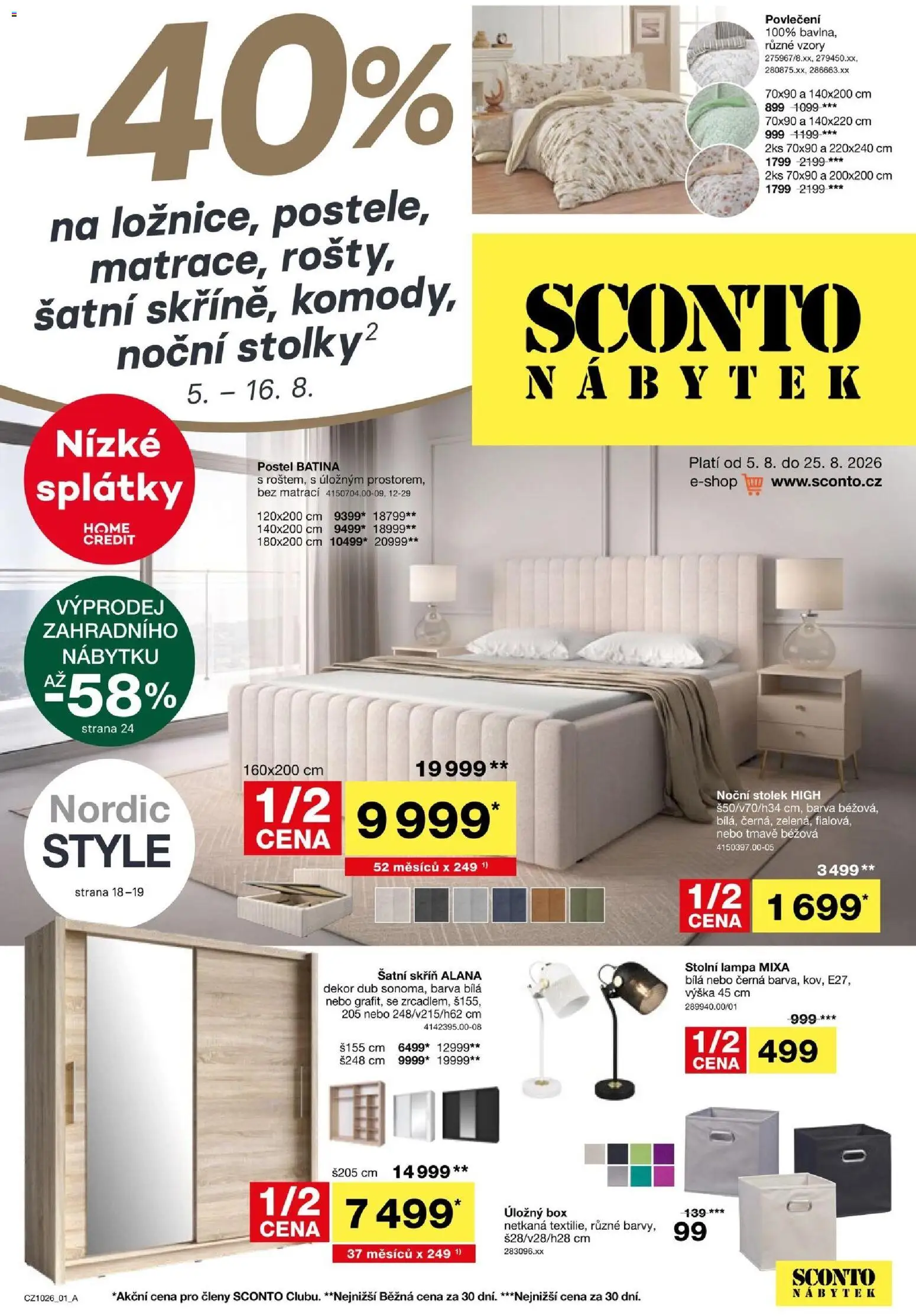 Náhled nabídky: Sconto nábytek Sconto nábytek leták platný od 05.08.2026 - Povlečení, Nábytek, Noční stolek, Skříň, Lampa, Úložný box, Stolek, Mixa