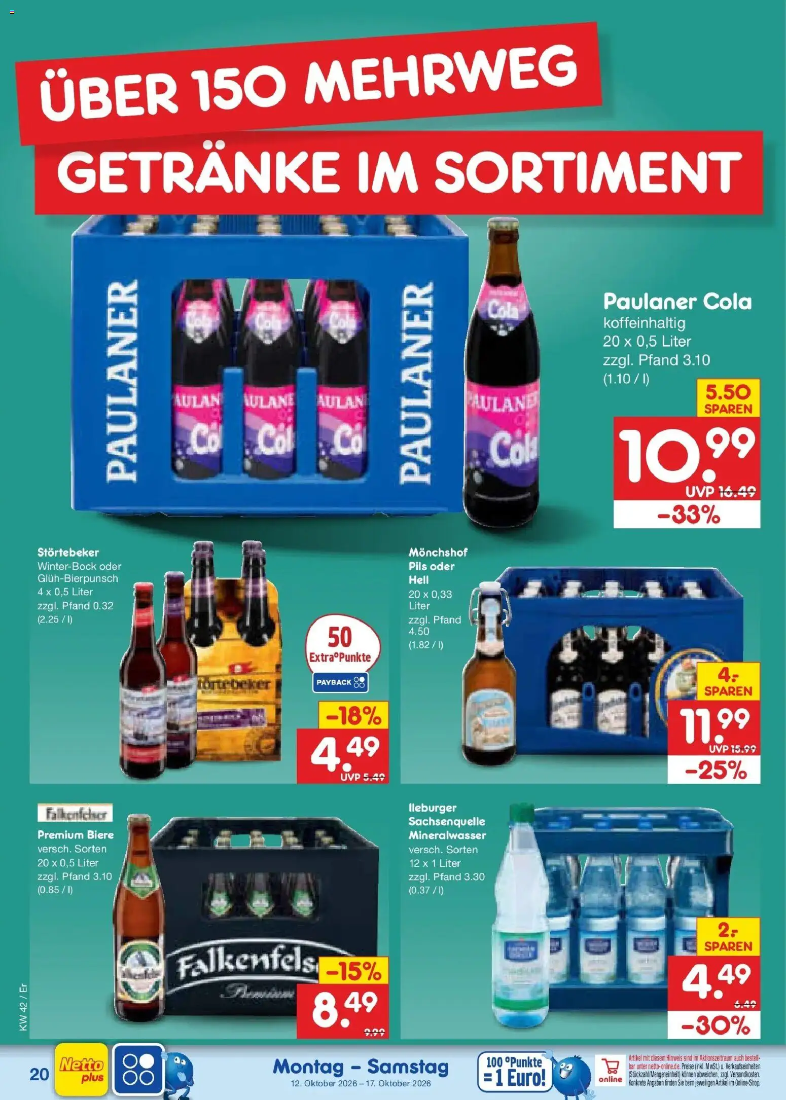 Vorschau von dem Prospekt des Geschäftes Netto Marken-Discount, gültig ab dem 12.10.2026 - Cola, Mineralwasser, Paulaner, Monchshof, Pils