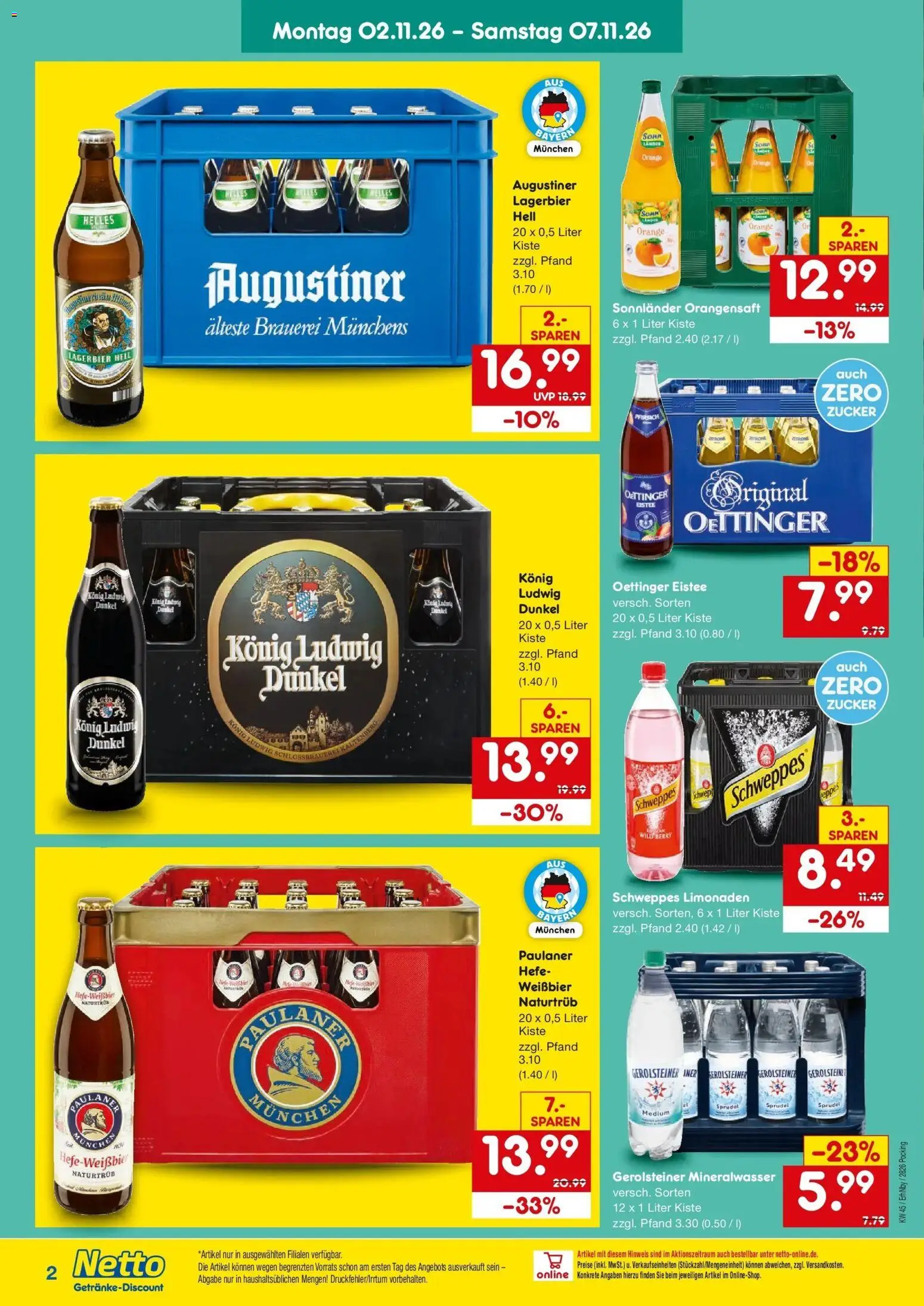 Vorschau von dem Prospekt des Geschäftes Netto Marken-Discount, gültig ab dem 02.11.2026 - Mineralwasser, Gerolsteiner, Pfirsich, Paulaner, Schweppes, Oettinger, Orangensaft, Hefe weissbier
