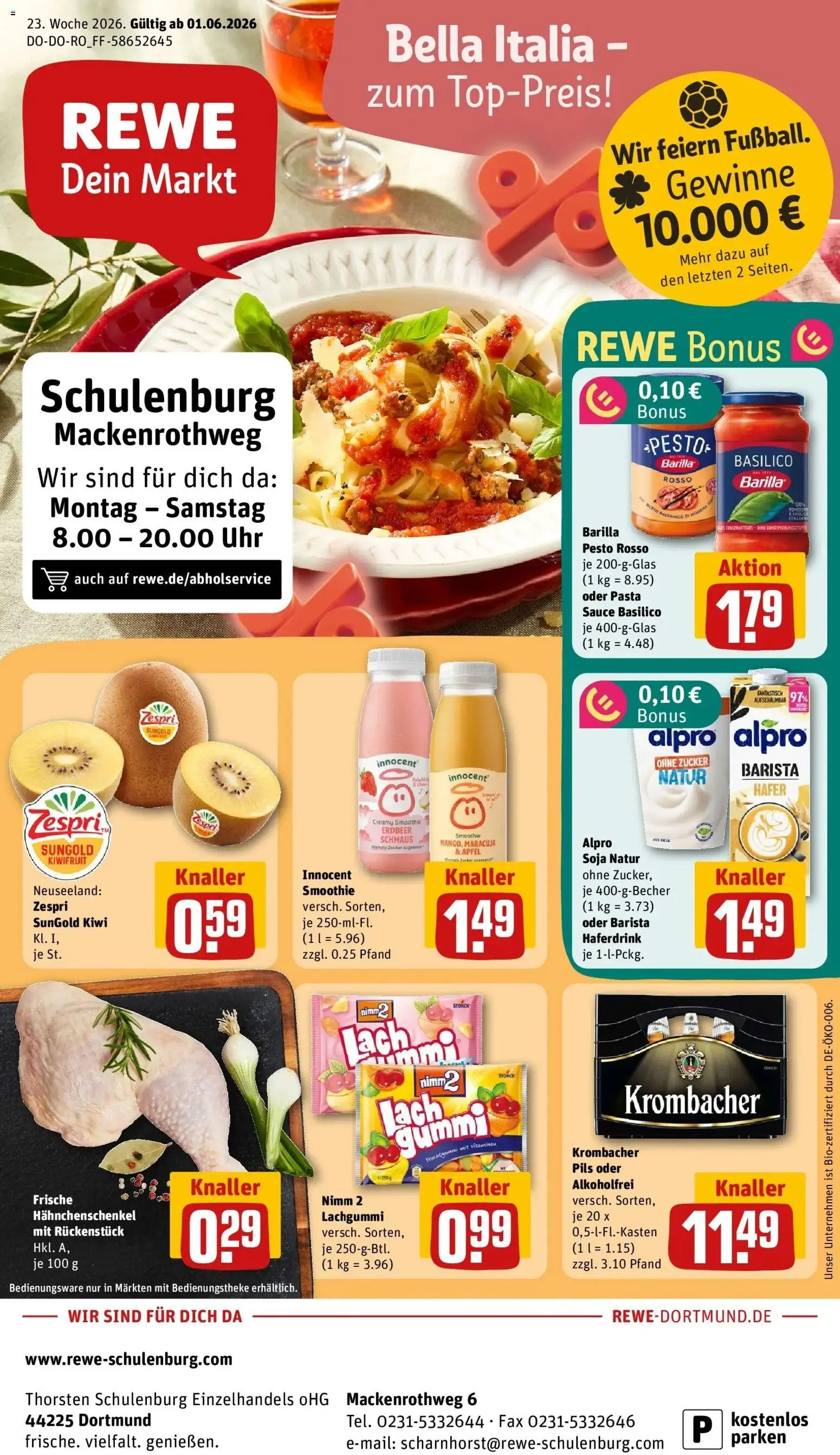 Vorschau von dem Prospekt des Geschäftes Rewe, gültig ab dem 01.06.2026 - Uhr, Pasta, Krombacher, Zucker, Hahnchenschenkel, Barilla pesto, Alpro, Haferdrink