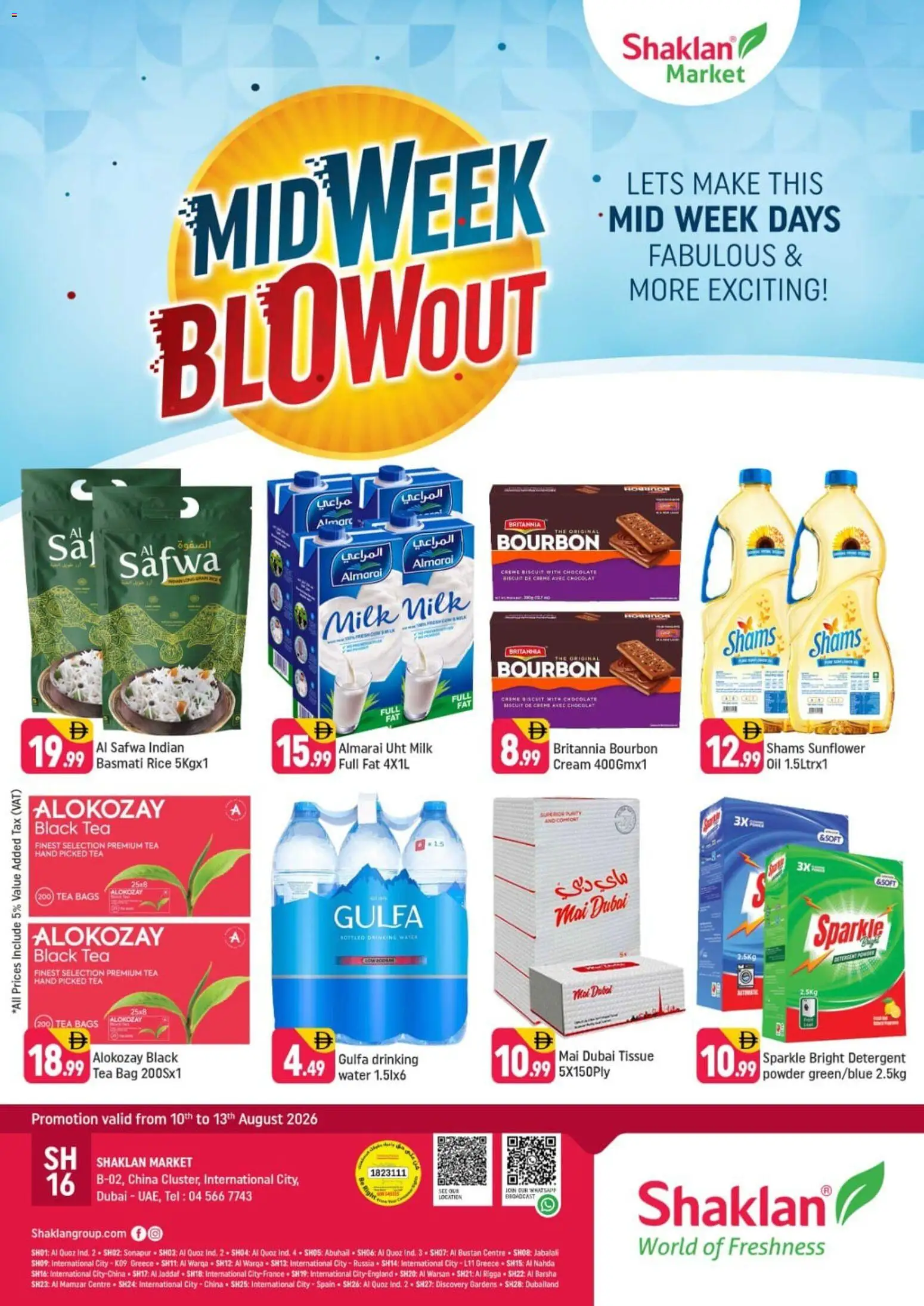Preview of the catalogue Shaklan catalogue Midweek Blowout China Cluster, Dubai of store Shaklan valid from 10 Aug, 2026 - Chocolate, Tea, Water, Oil, Rice, Cream, Bourbon, Powder