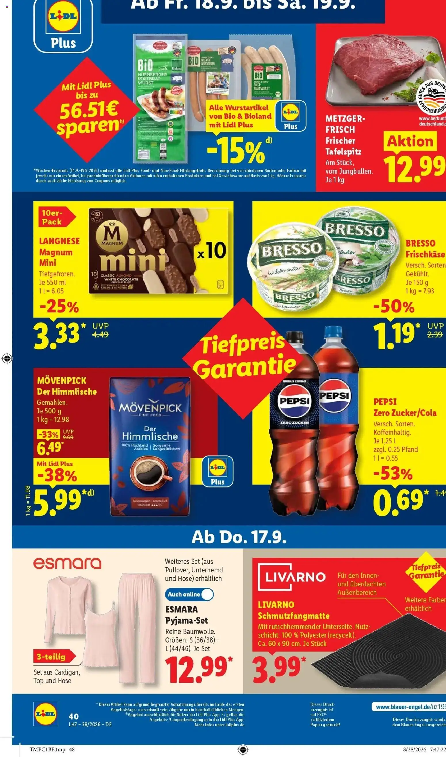 Vorschau von dem Prospekt des Geschäftes Lidl, gültig ab dem 14.09.2026 - Bratwurst, Tafelspitz, Top, Schmutzfangmatte, Pepsi, Unterhemd, Bresso, Frischkase
