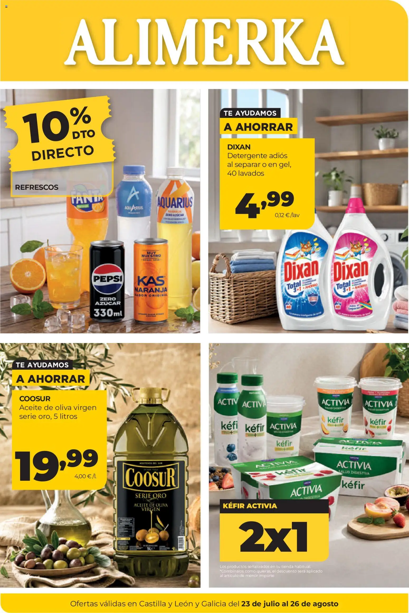 Vista previa del folleto de la tienda Alimerka válido desde el 23/07/2026 - Aceite de oliva, Té, Aceite, Azúcar, Pepsi, Detergente, Kéfir