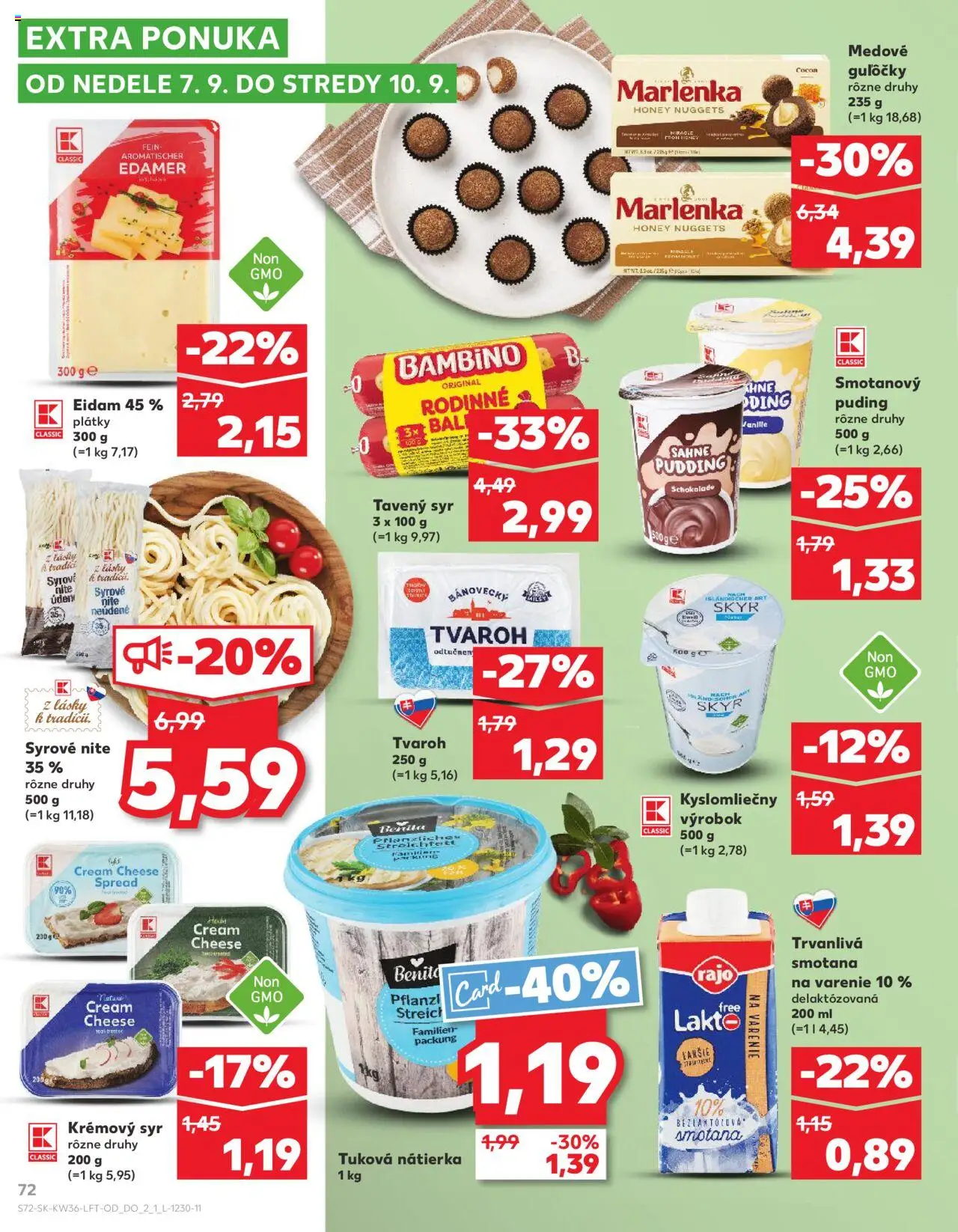 Náhľad Kaufland letáku platného od 04.09.2025 - Syr, Marlenka, Tvaroh, Puding, Skyr, Smotana, Eidam, Trvanlivá smotana