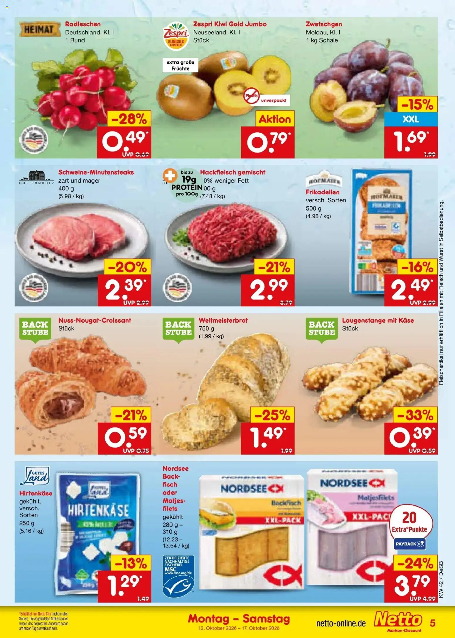 Vorschau von dem Prospekt des Geschäftes Netto Marken-Discount, gültig ab dem 12.10.2026 - Käse, Fisch, Wurst, Kiwi, Fleisch, Hackfleisch, Zwetschgen