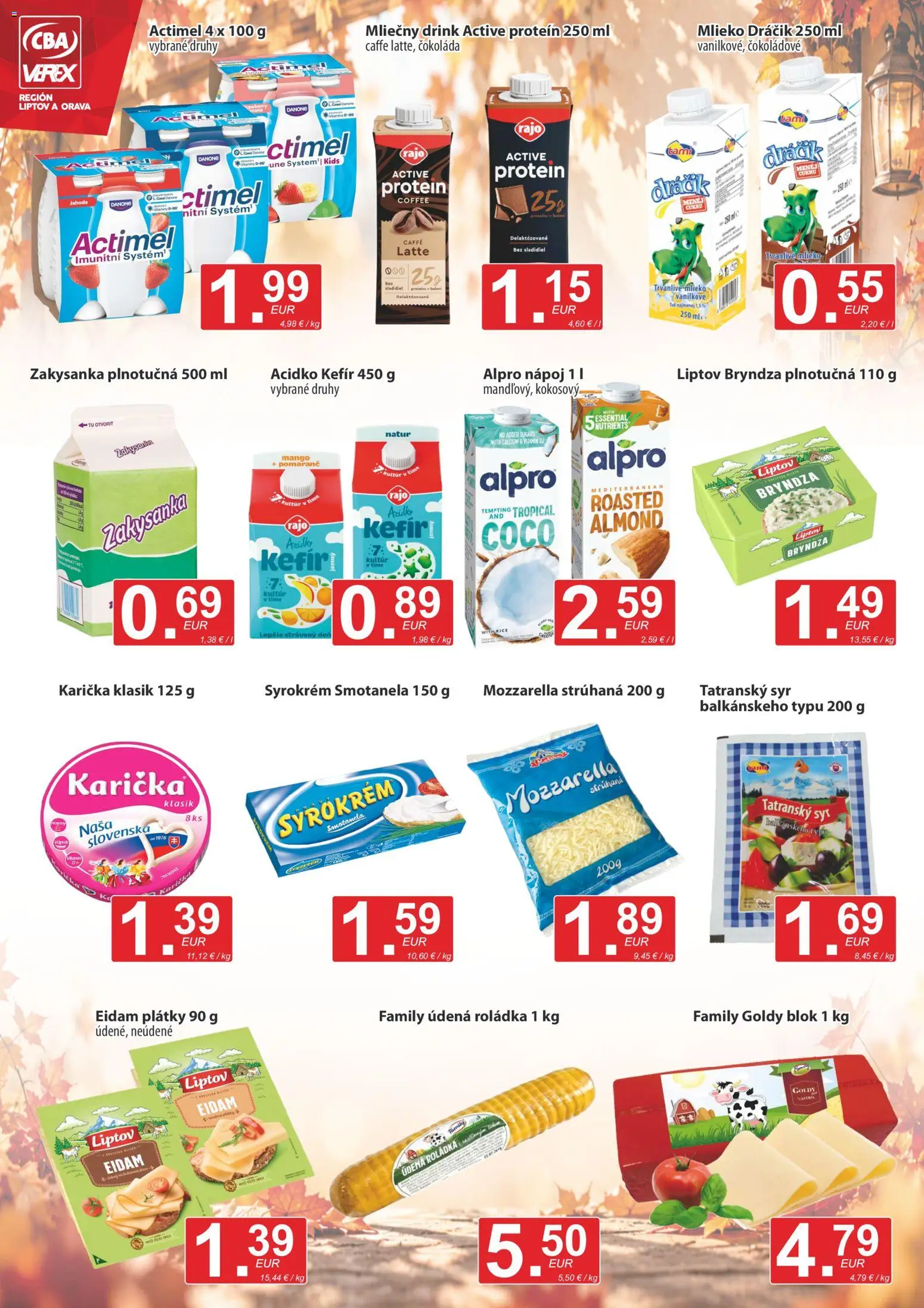 Náhľad CBA Verex letáku platného od 15.10.2026 - Syr, Bryndza, Mlieko, Mozzarella, Kefír, Actimel, Alpro, Eidam