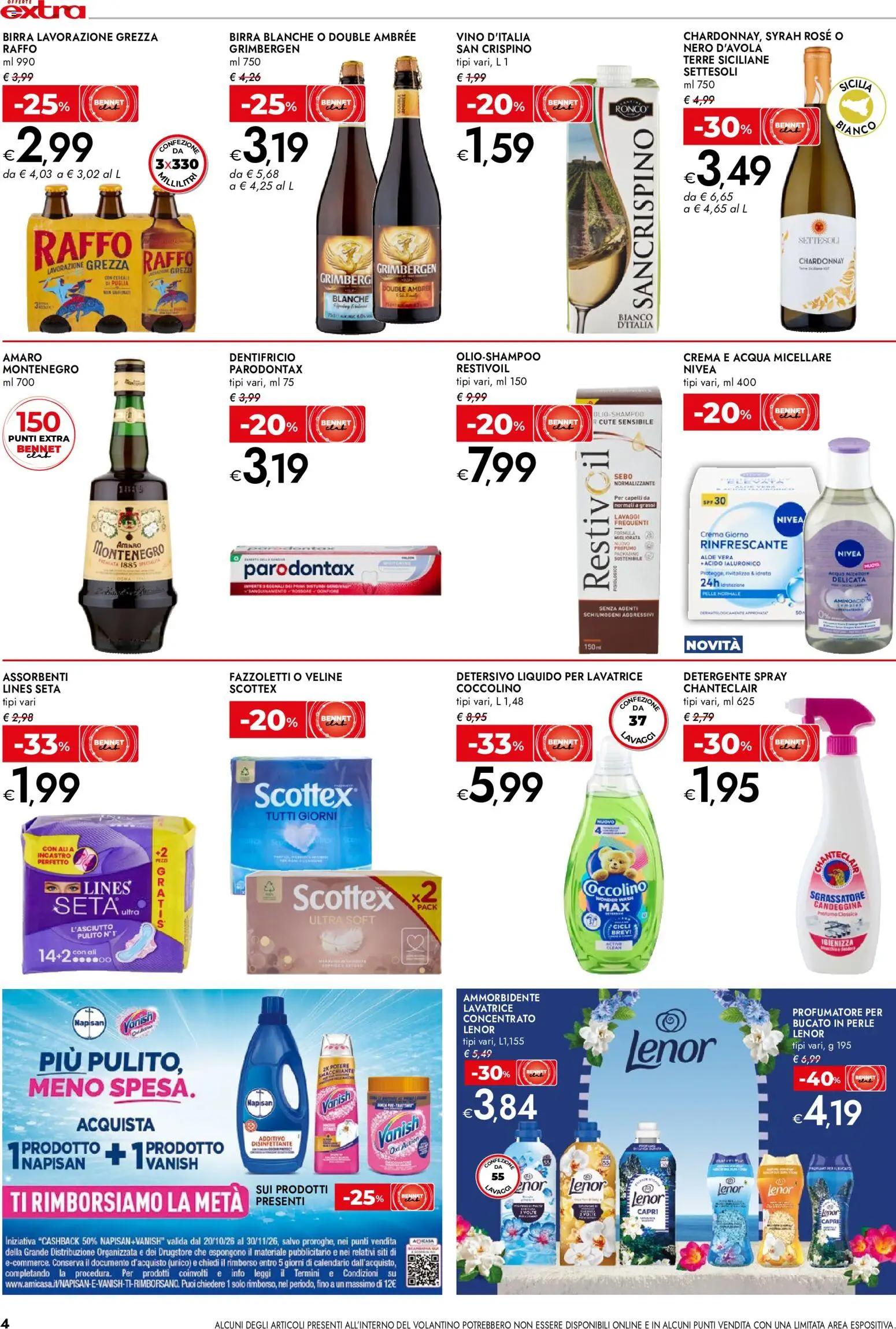 Anteprima dell'opuscolo bennet volantino Extra dal negozio bennet valido da 22/10/2026 - Crema, Vino, Lavatrice, Birra, Amaro, Acqua micellare, Assorbenti, Dentifricio