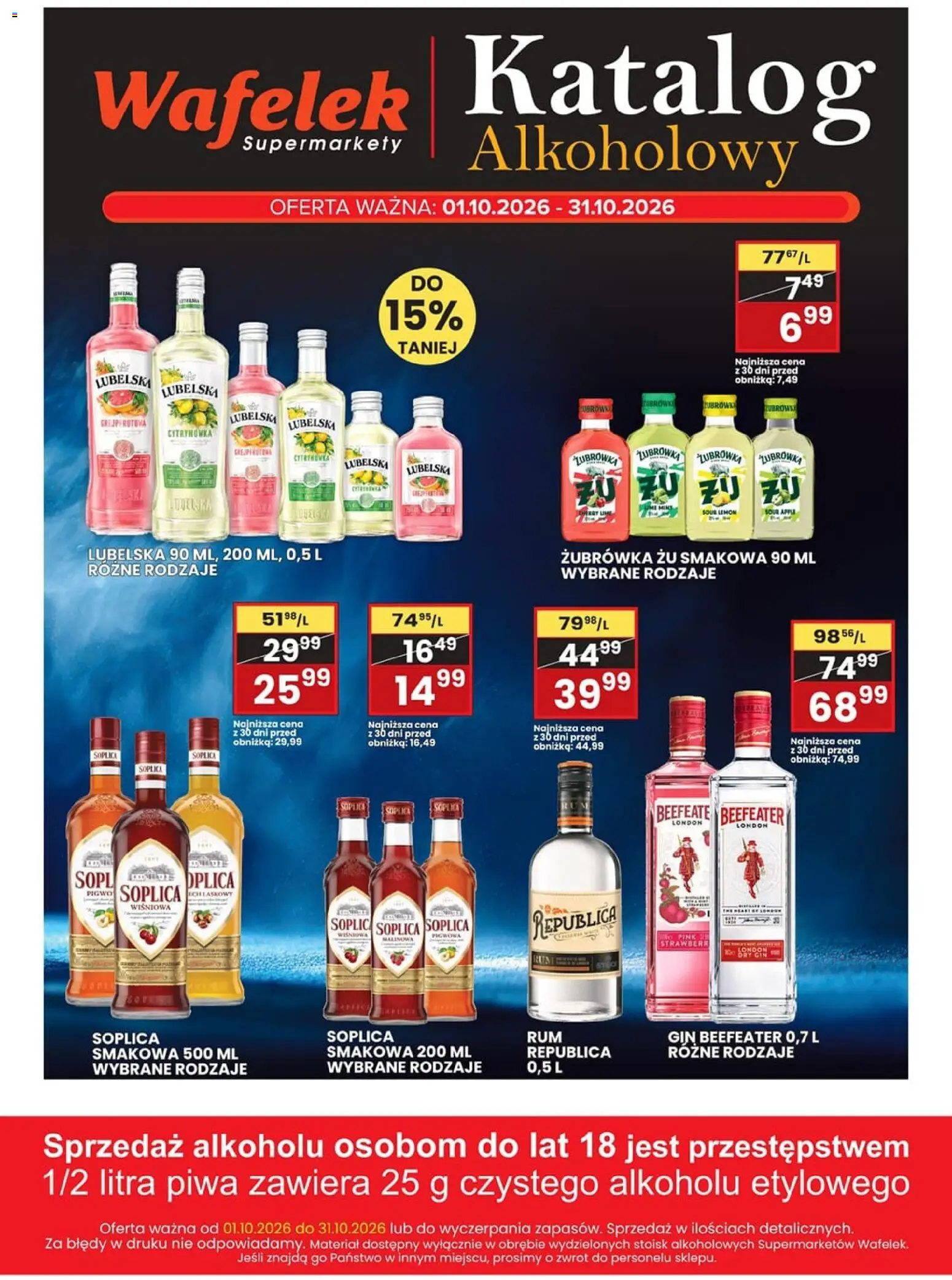Pogląd gazetki "Wafelek gazetka alkoholowa" ze sklepu Wafelek ważnej od 01.10.2026 - Soplica, Gin, Żubrówka, Wafelek, Beefeater, Gin Beefeater, Cytrynówka lubelska