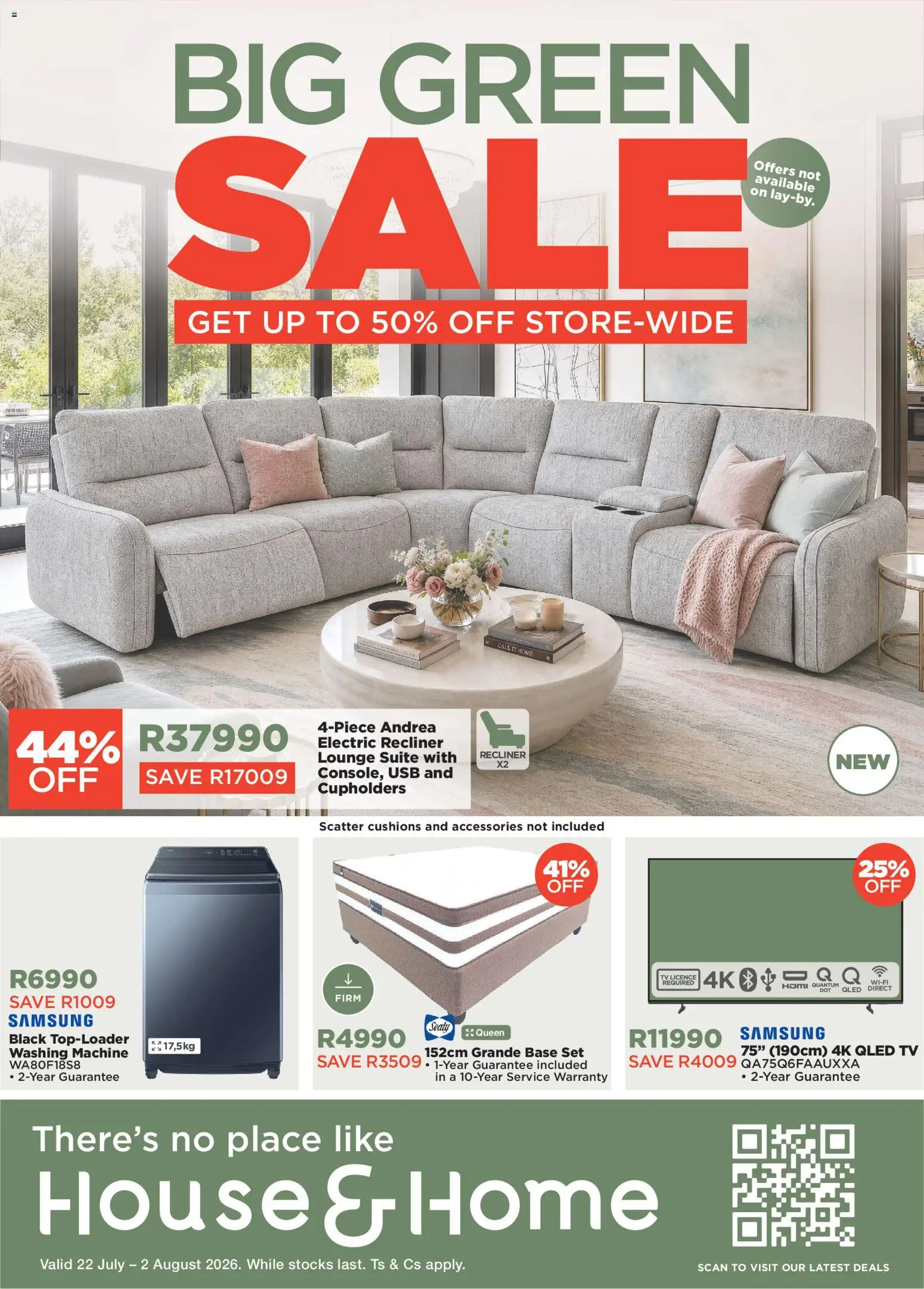 Preview of House and Home flyer valid from 22/07/2026 - Washing machine, TV, Lounge suite, USB