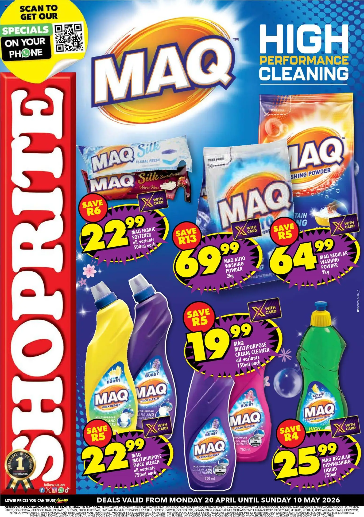 Preview of Shoprite flyer valid from 20/04/2026 - Phone, Bleach, Cream, Lemon, Washing powder, Powder, Fabric softener, Dishwashing liquid
