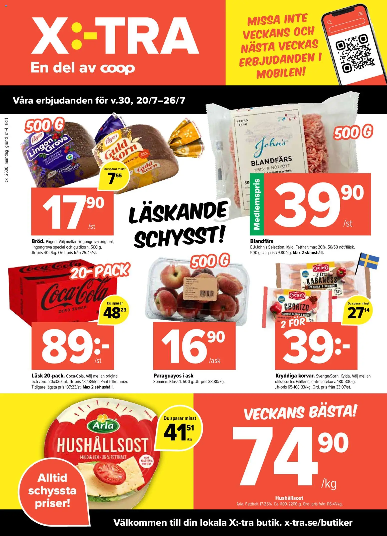 Förhandsgranska reklamblad Coop X:-TRA erbjudanden från butik Coop X:-TRA gäller från 20/07/2026 - Galler, Nötkött, Chorizo, Lingongrova, Hushållsost, Blandfärs