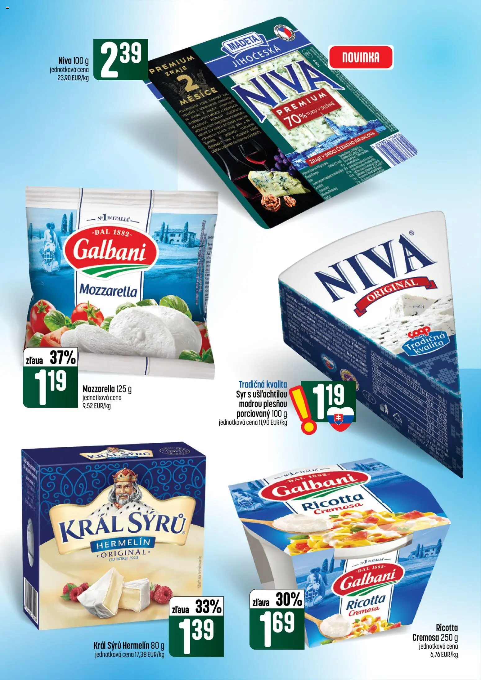 Náhľad COOP Jednota letáku platného od 08.10.2026 - Syr, Ricotta, Mozzarella, Hermelín, Niva