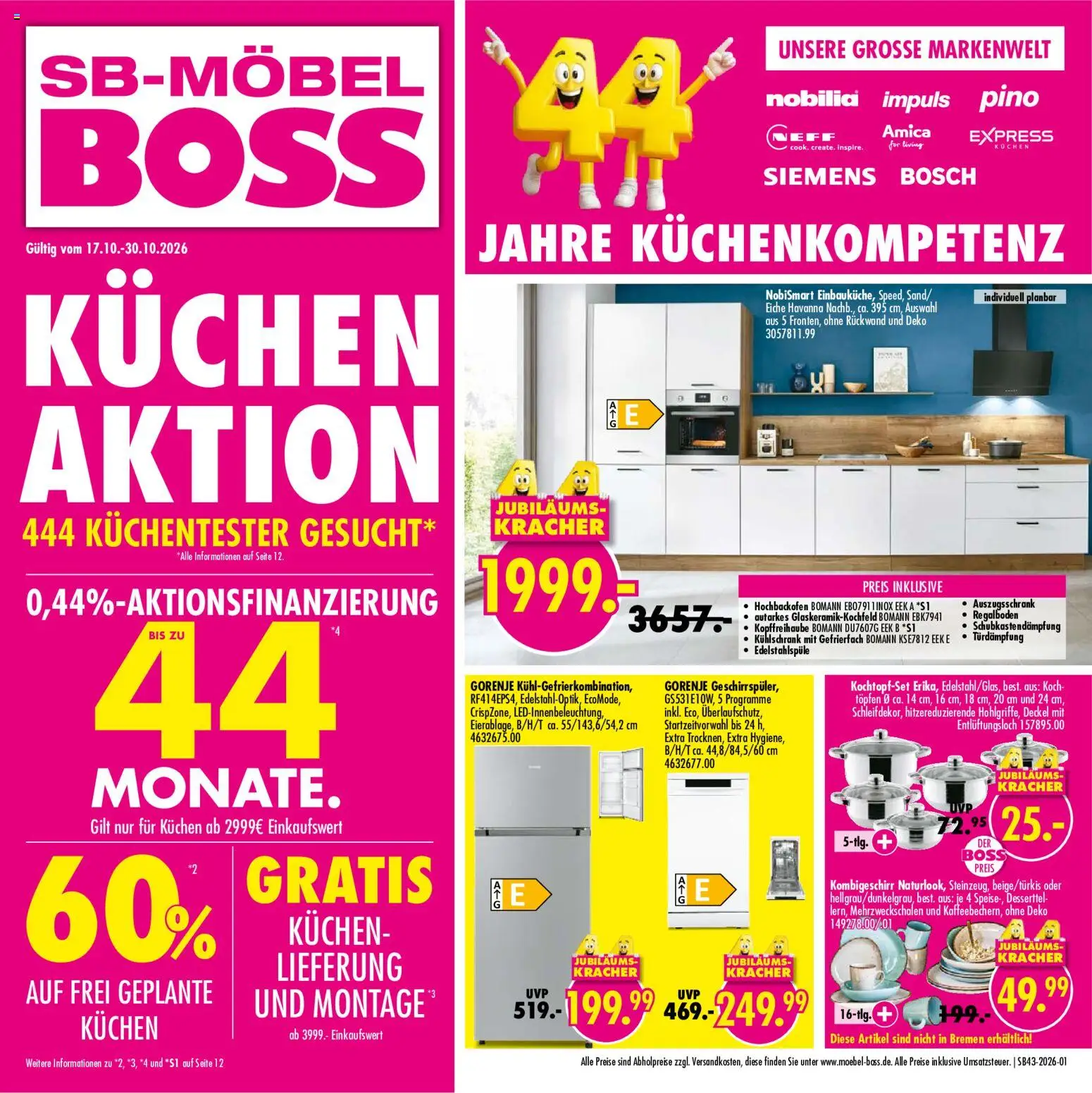 Vorschau von dem Prospekt des Geschäftes SB Möbel Boss, gültig ab dem 17.10.2026 - Bosch, Kühlschrank, Kuchen, Siemens, Gorenje, Havanna, Neff